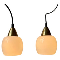 Retro Danish Modern Small Pendant Lamps in Brass & White Opaline Glass