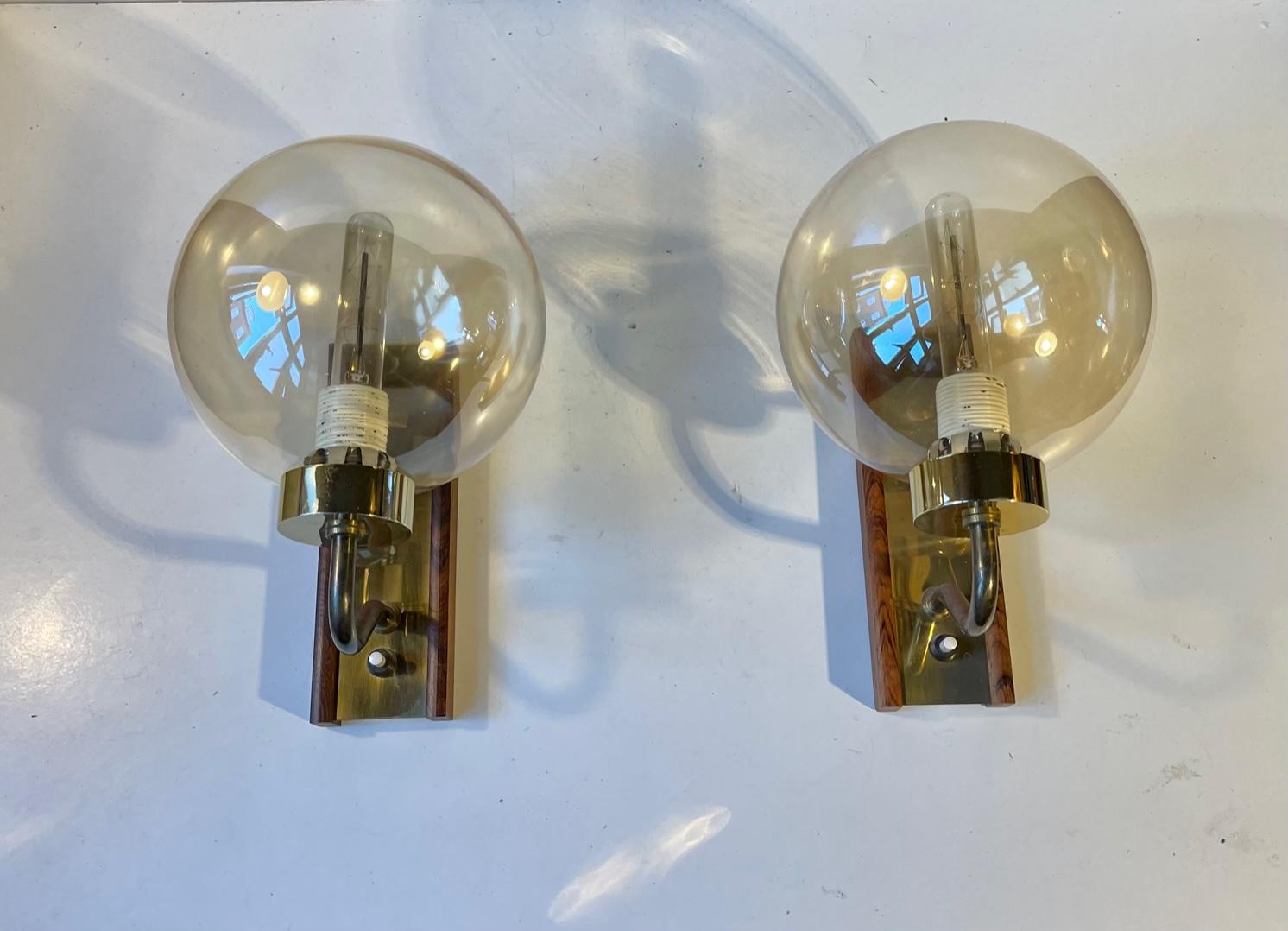 Danish Modern Soap Bubble Wall Sconces in Brass and Smoke Glass In Good Condition In Esbjerg, DK