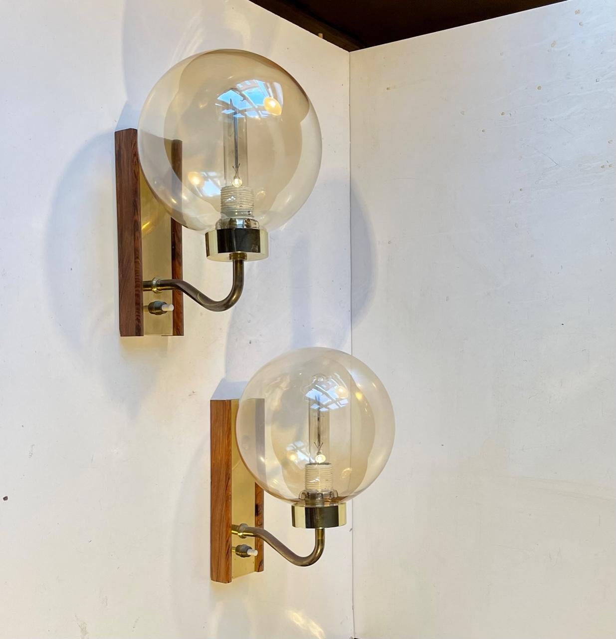 Mid-20th Century Danish Modern Soap Bubble Wall Sconces in Brass and Smoke Glass
