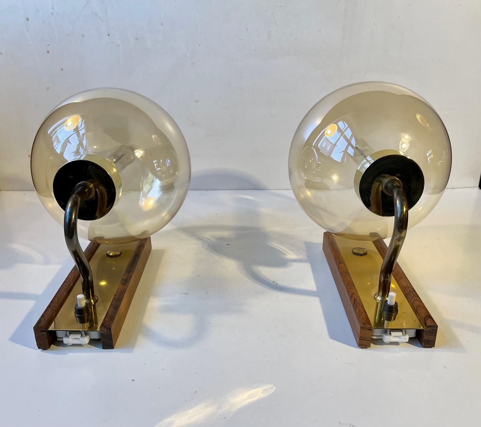 Danish Modern Soap Bubble Wall Sconces in Brass and Smoke Glass 1