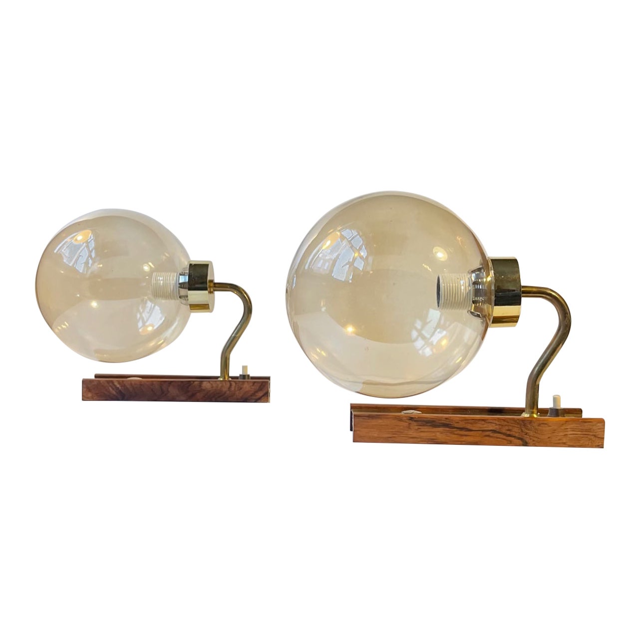 Danish Modern Soap Bubble Wall Sconces in Brass and Smoke Glass