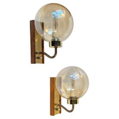 Vintage Danish Modern Soap Bubble Wall Sconces in Brass and Smoke Glass