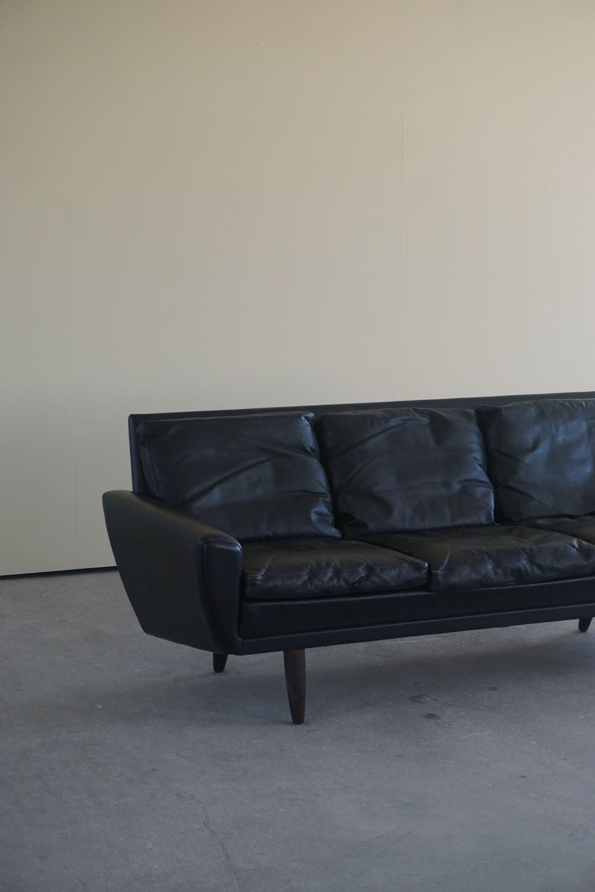 Mid-Century Modern Danish Modern Sofa by Georg Thams in Black Leather and Rosewood Legs, 1964