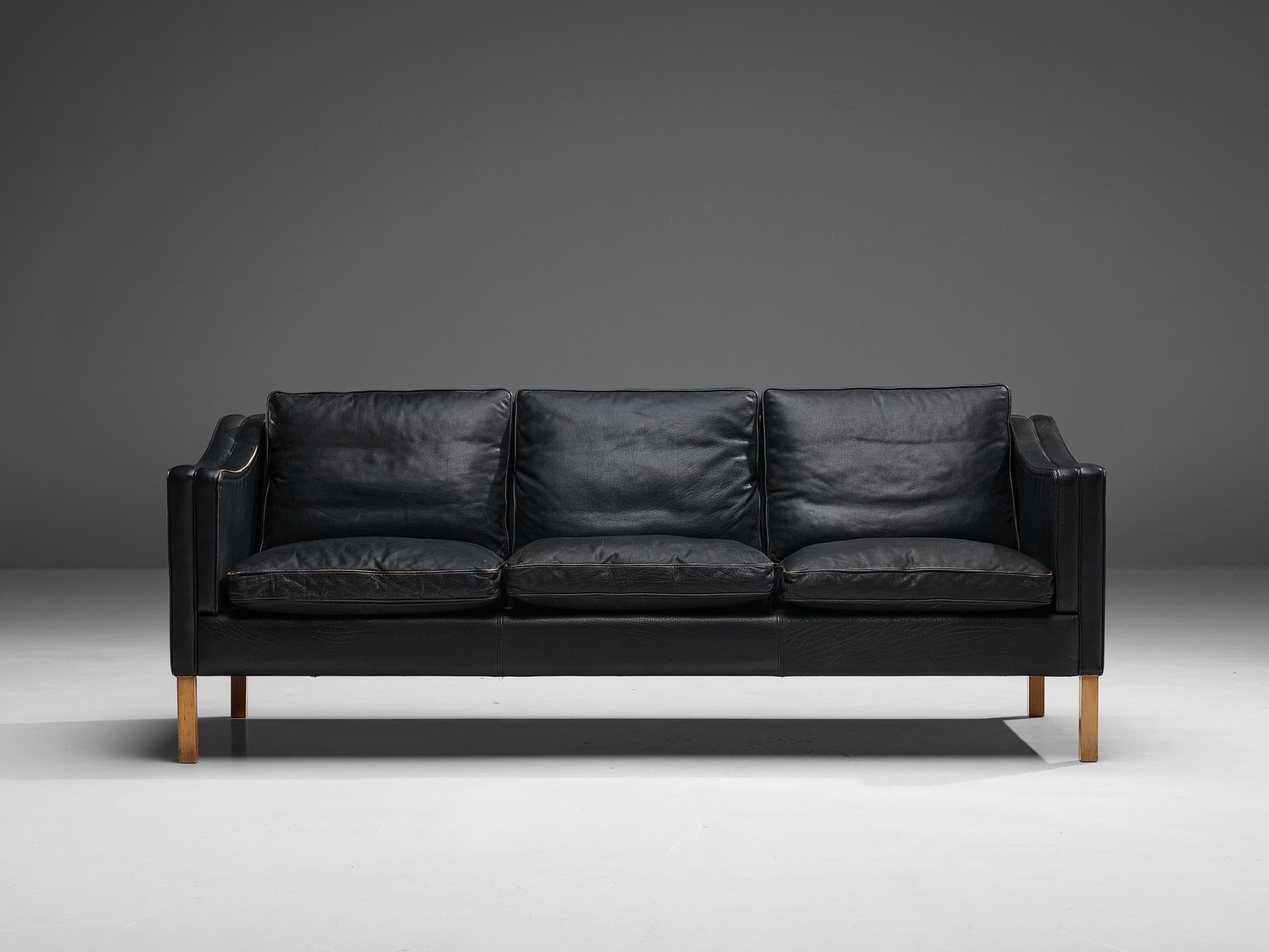 Sofa, leather, stained wood, Denmark, 1960s

This model reminds of Borge Mogensen's designs. A well-proportioned sofa executed within a simple construction. The dawn-filled cuhions are executed in a fine black leather that shows a light patina.