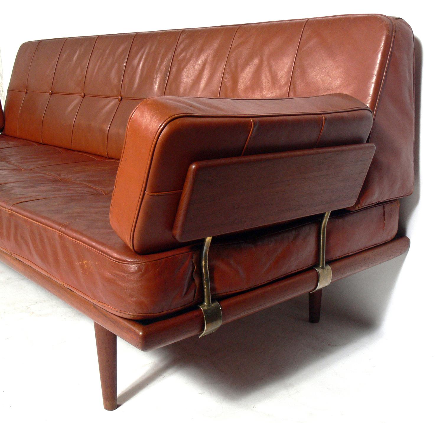 Danish Modern Sofa in Original Cognac Leather by Peter Hvidt In Fair Condition In Atlanta, GA