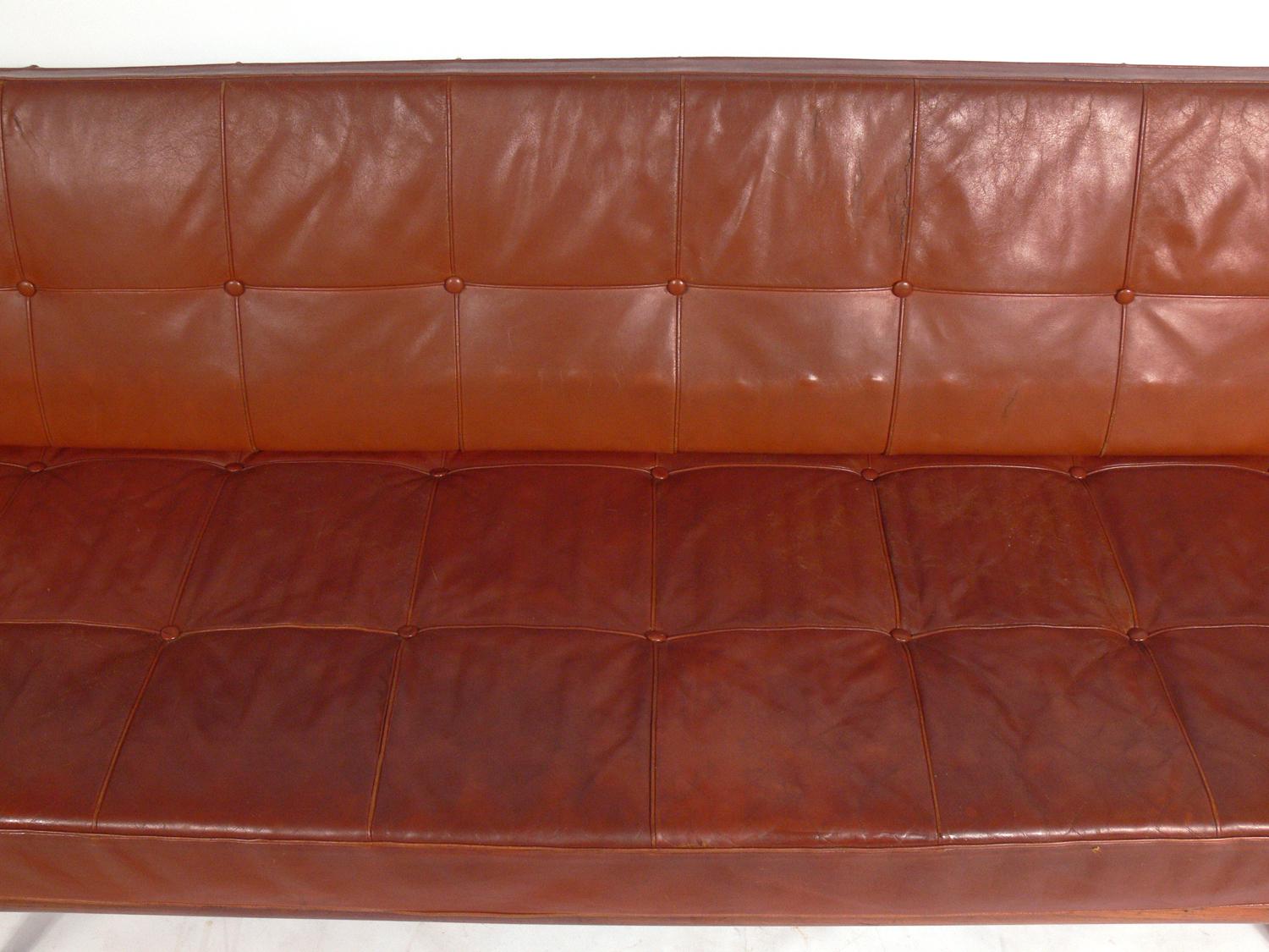 Brass Danish Modern Sofa in Original Cognac Leather by Peter Hvidt