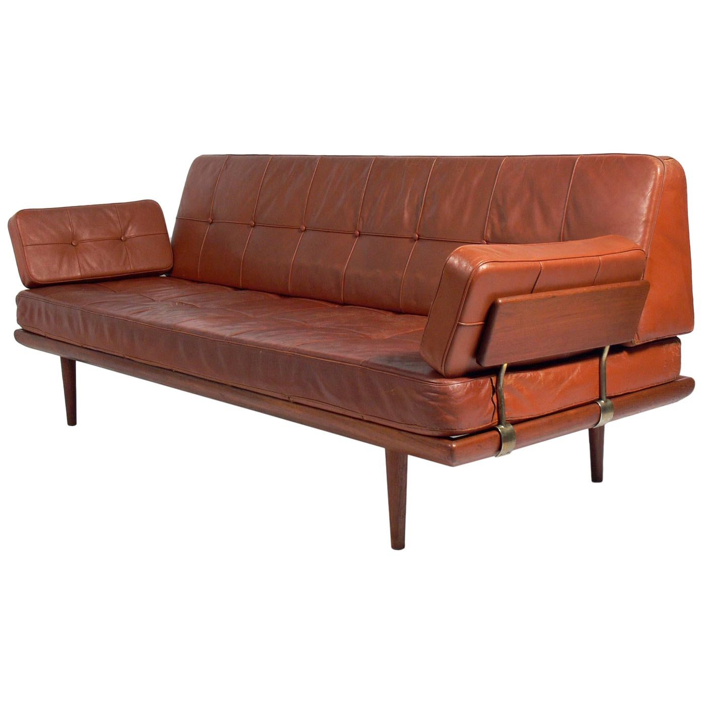 Danish Modern Sofa in Original Cognac Leather by Peter Hvidt