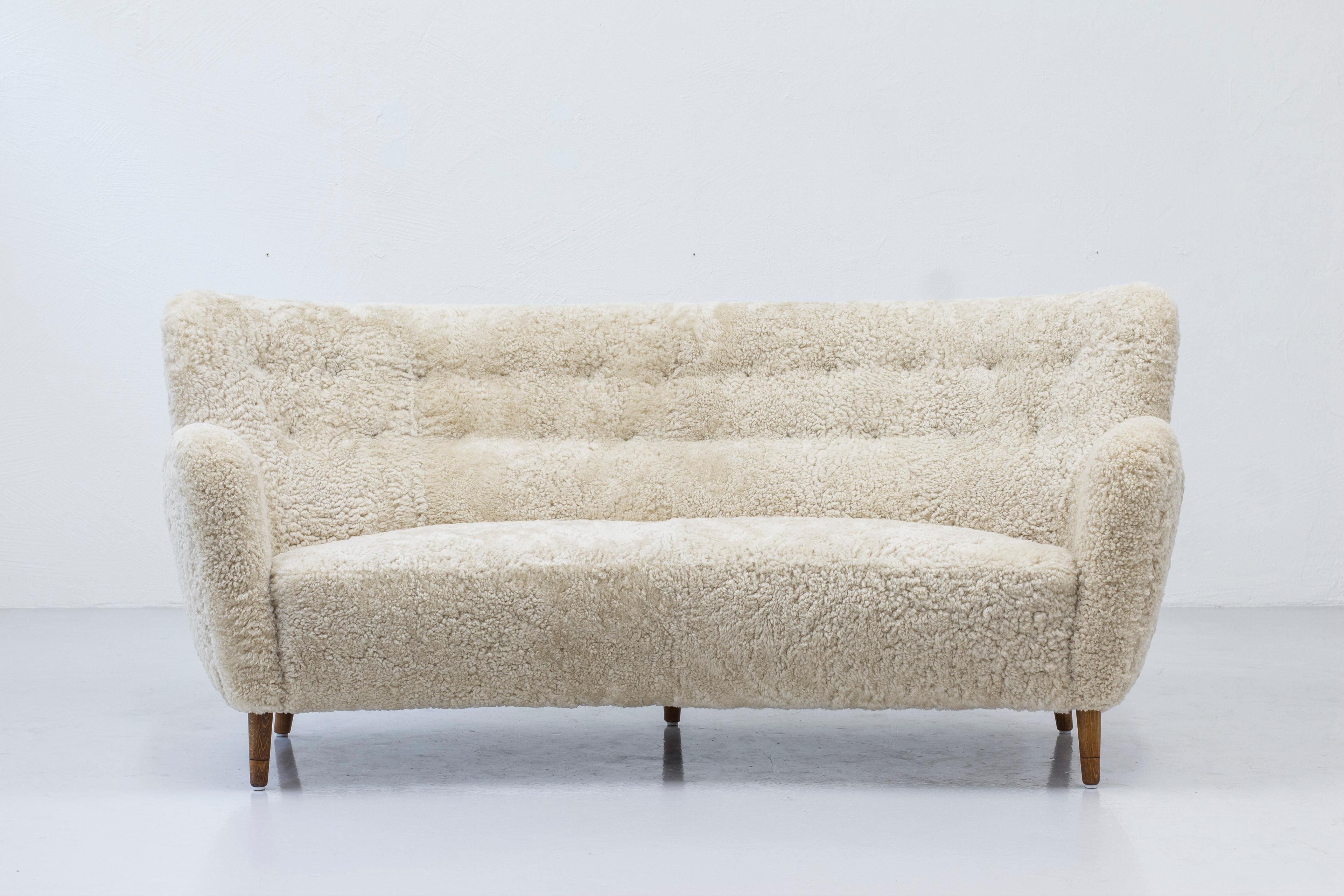 Danish Modern Sofa with Sheep Skin in the Manner of Finn Juhl 3