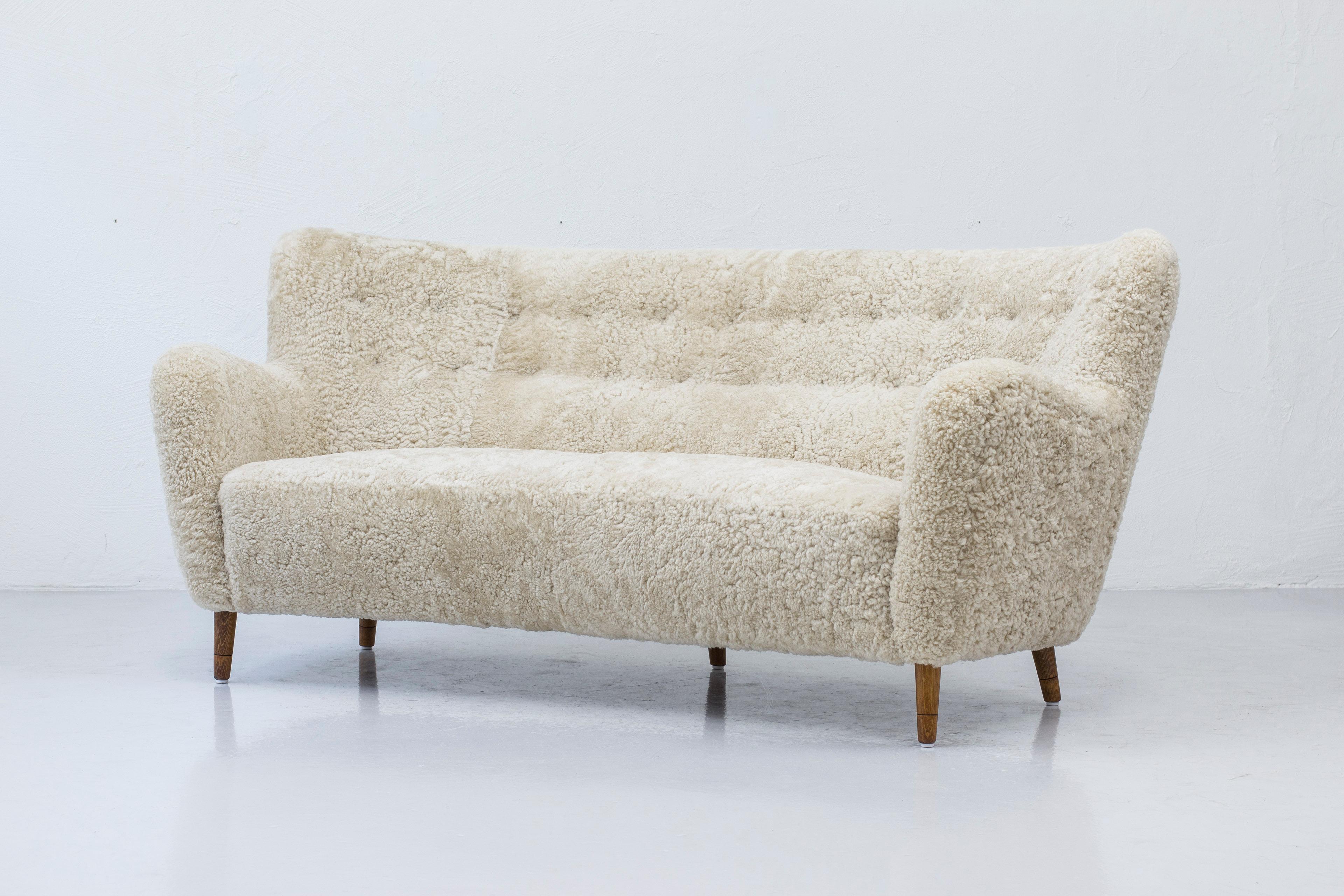 Danish Modern Sofa with Sheep Skin in the Manner of Finn Juhl 4
