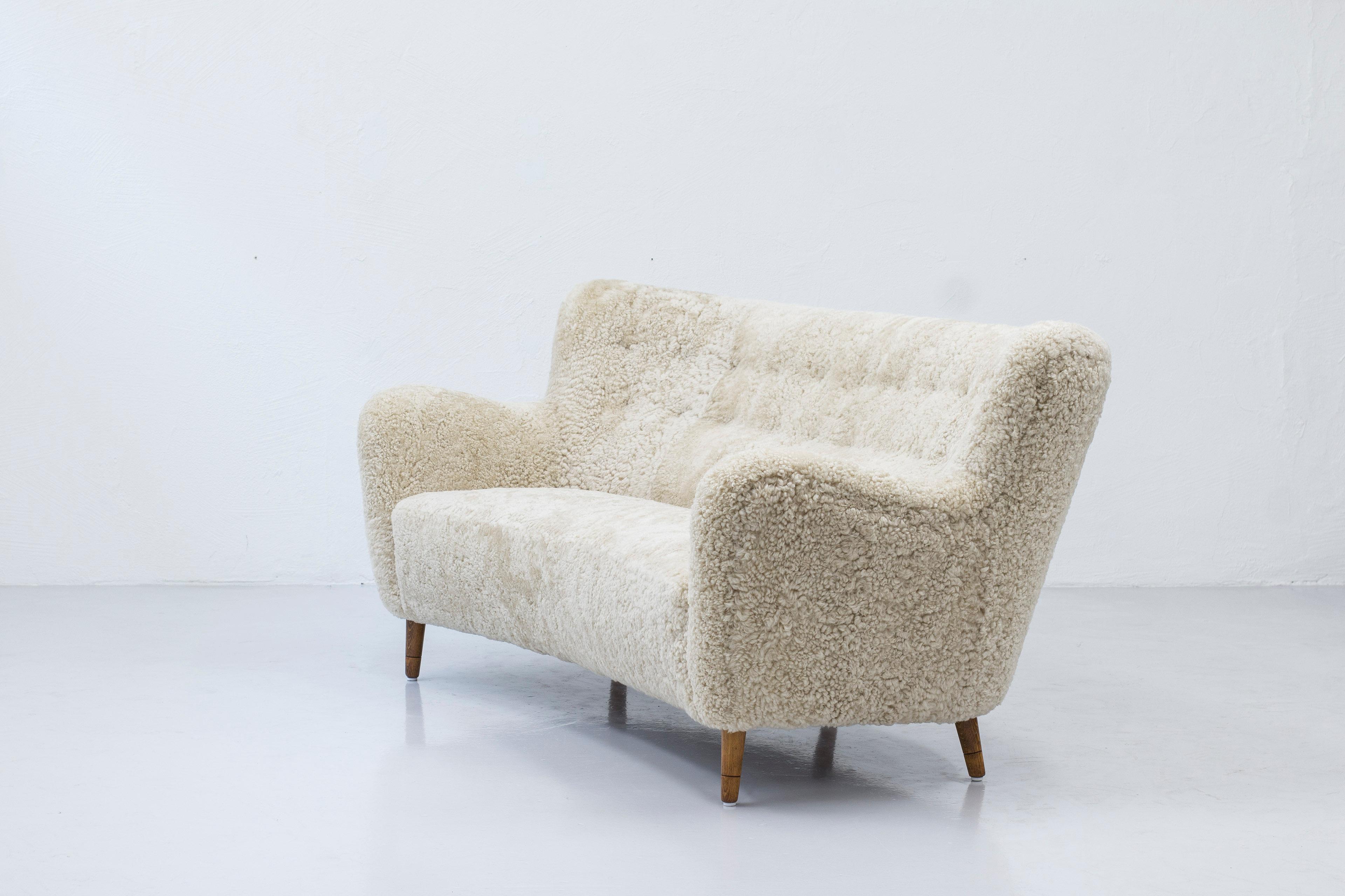 Danish Modern Sofa with Sheep Skin in the Manner of Finn Juhl 5