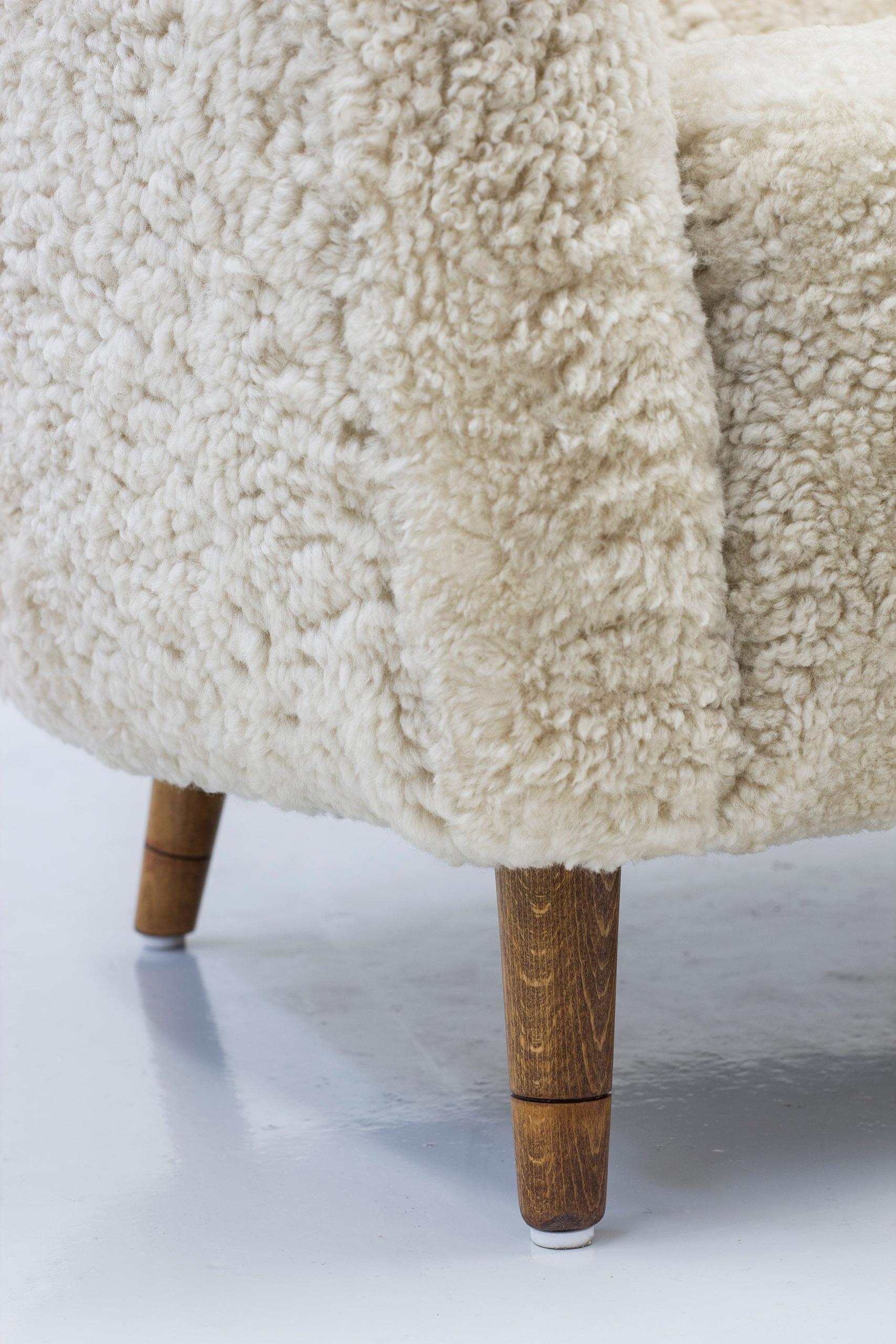 Mid-20th Century Danish Modern Sofa with Sheep Skin in the Manner of Finn Juhl