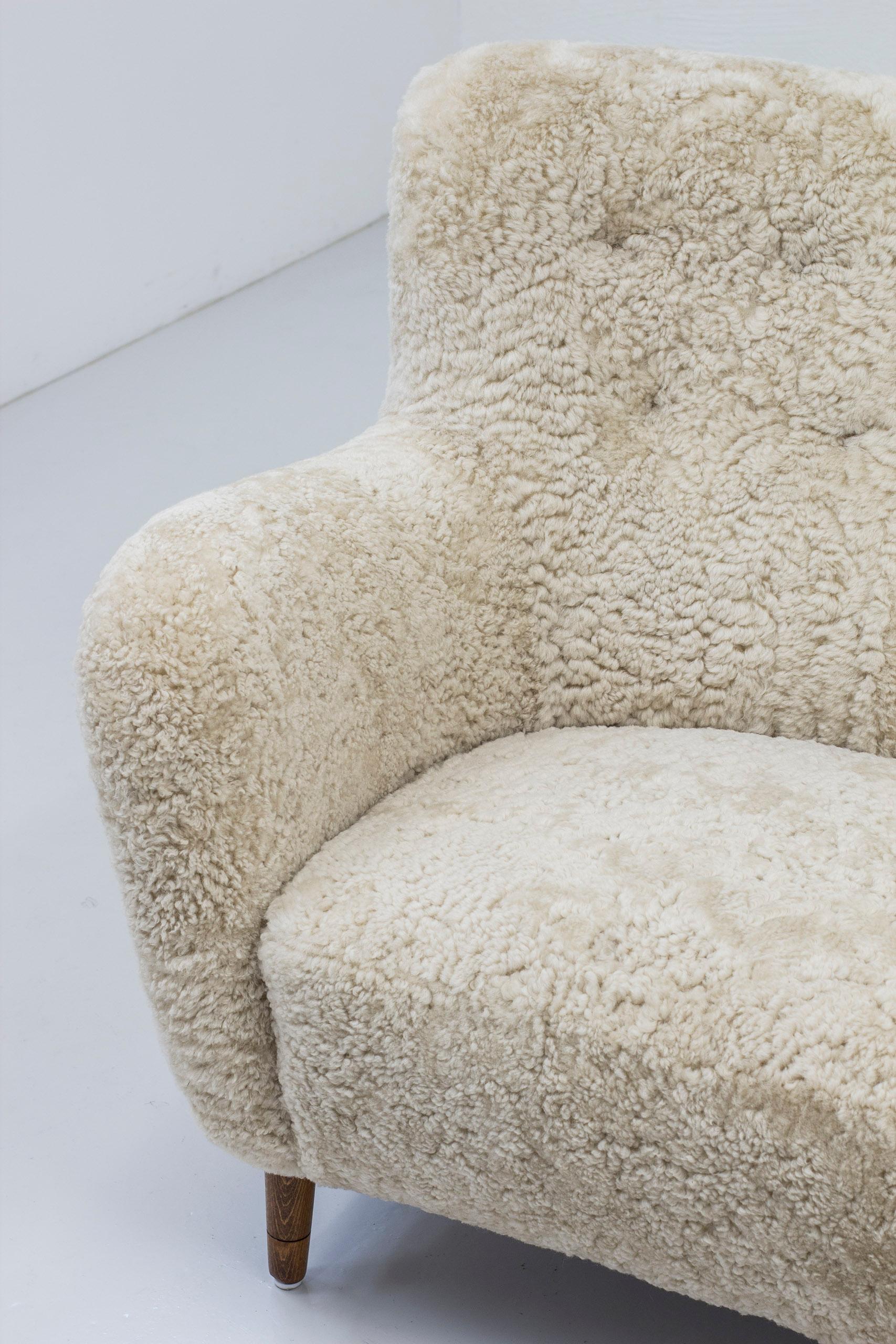 Sheepskin Danish Modern Sofa with Sheep Skin in the Manner of Finn Juhl