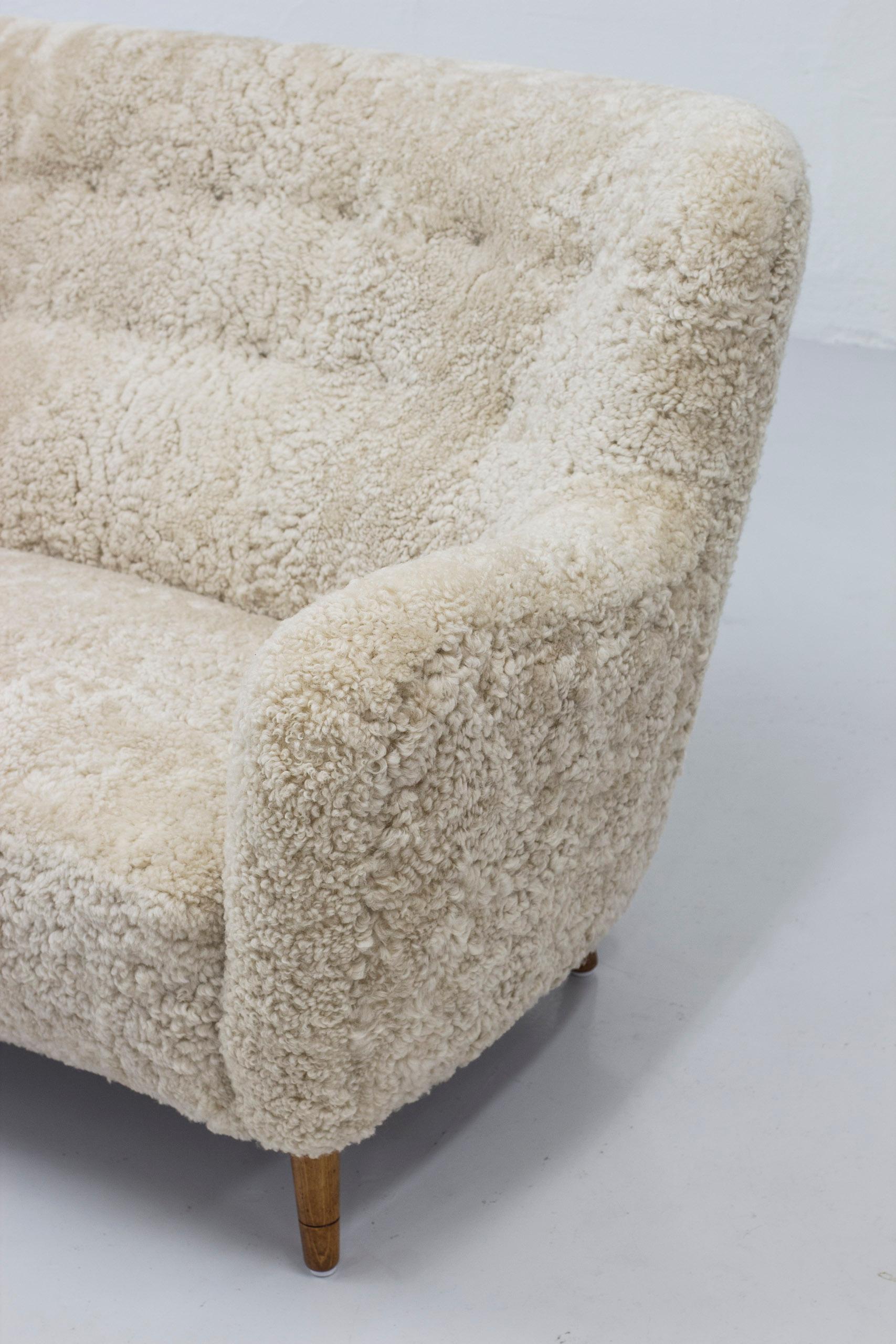 Danish Modern Sofa with Sheep Skin in the Manner of Finn Juhl 1