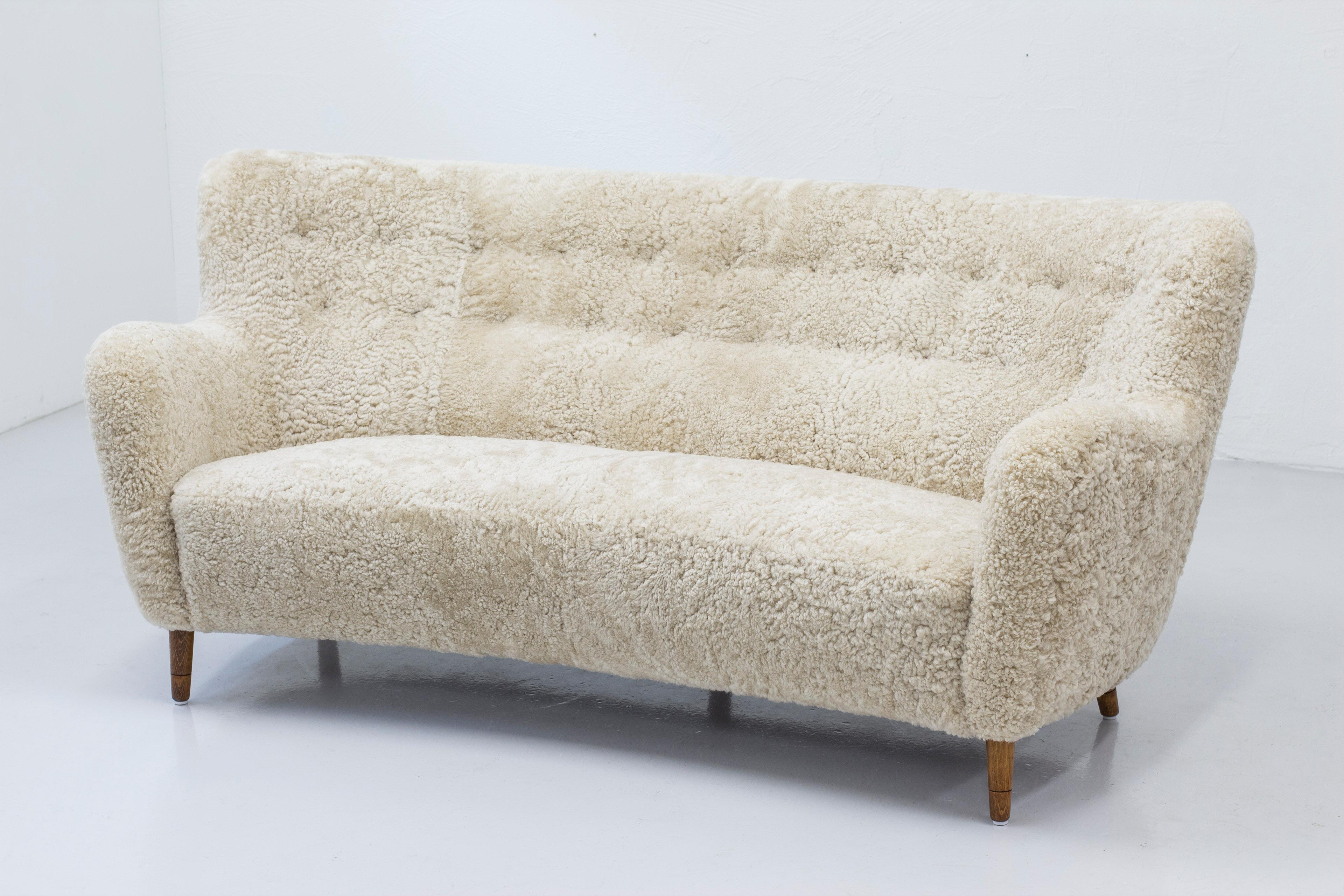 Danish Modern Sofa with Sheep Skin in the Manner of Finn Juhl 2
