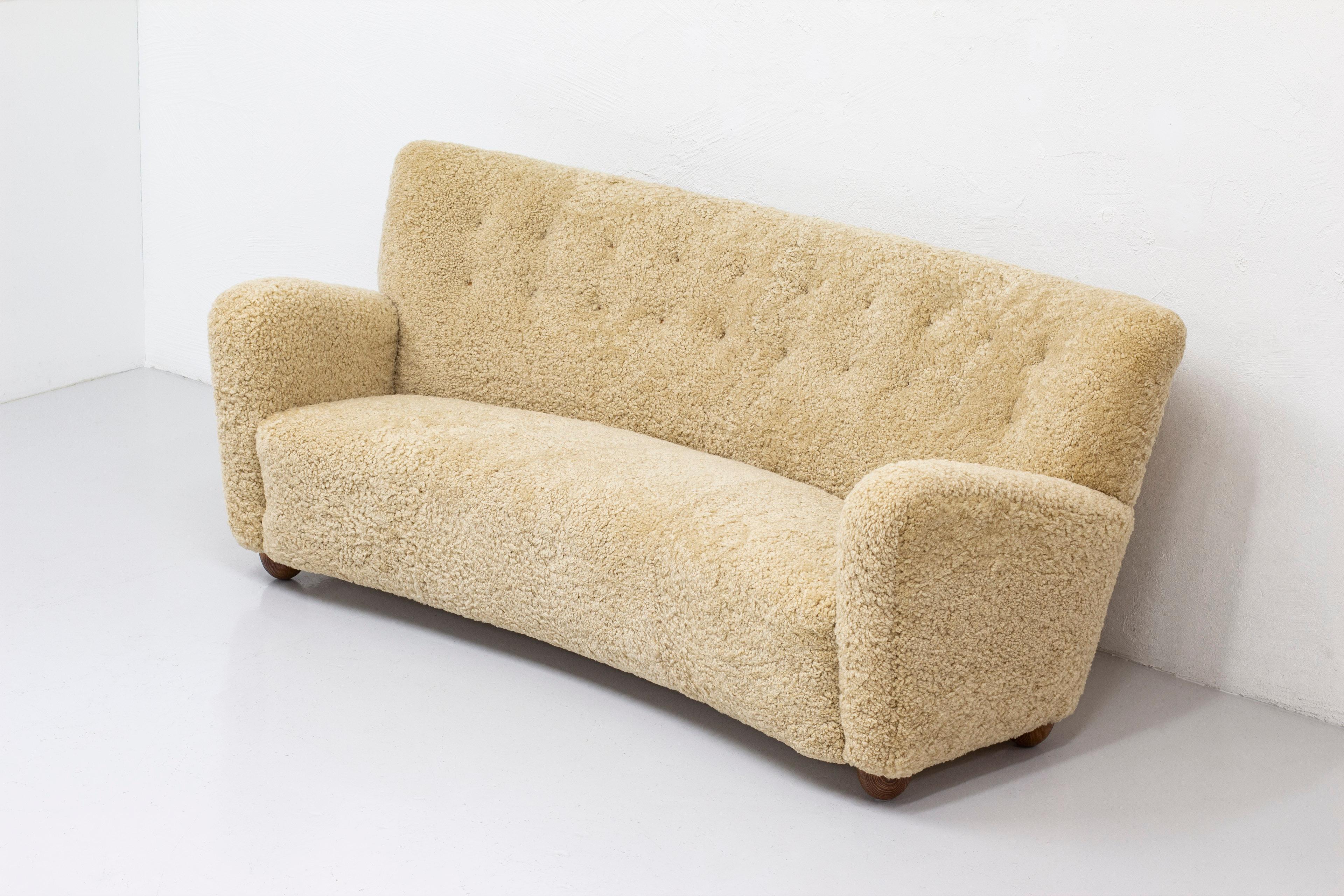 Danish Modern Sofa with Sheepskin, Attributed to Flemming Lassen, 1940s 8