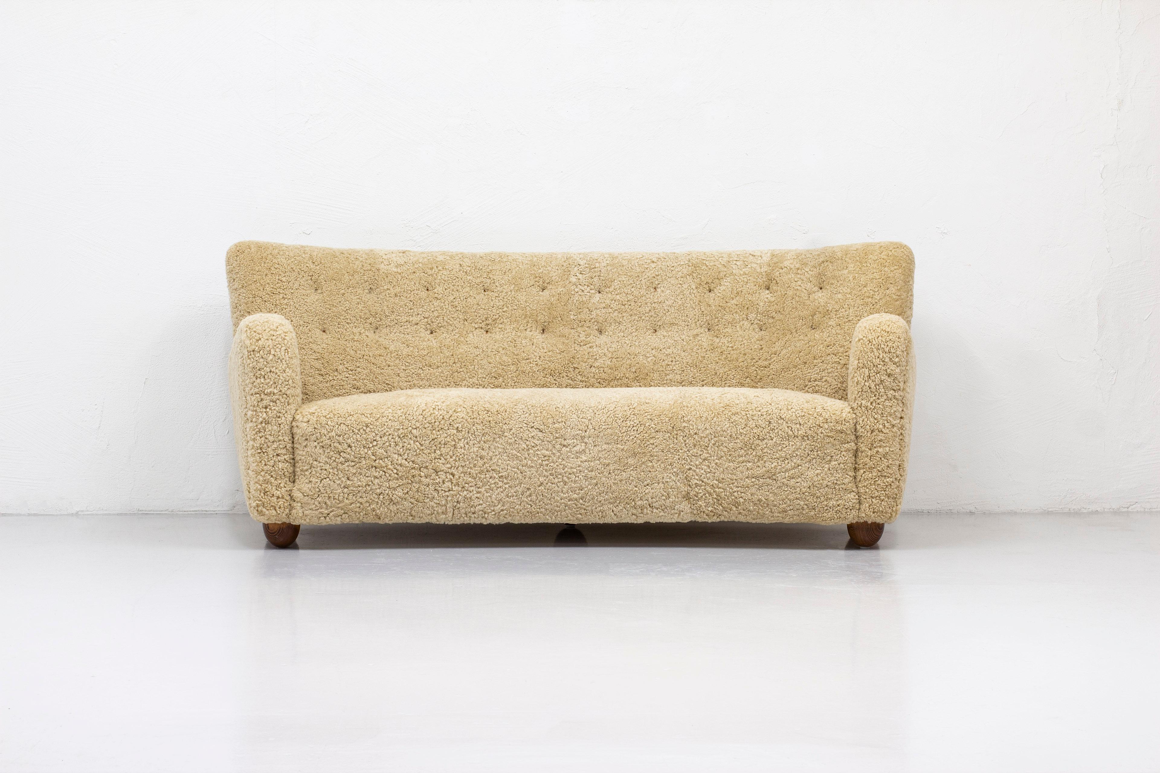 Swedish Danish Modern Sofa with Sheepskin, Attributed to Flemming Lassen, 1940s