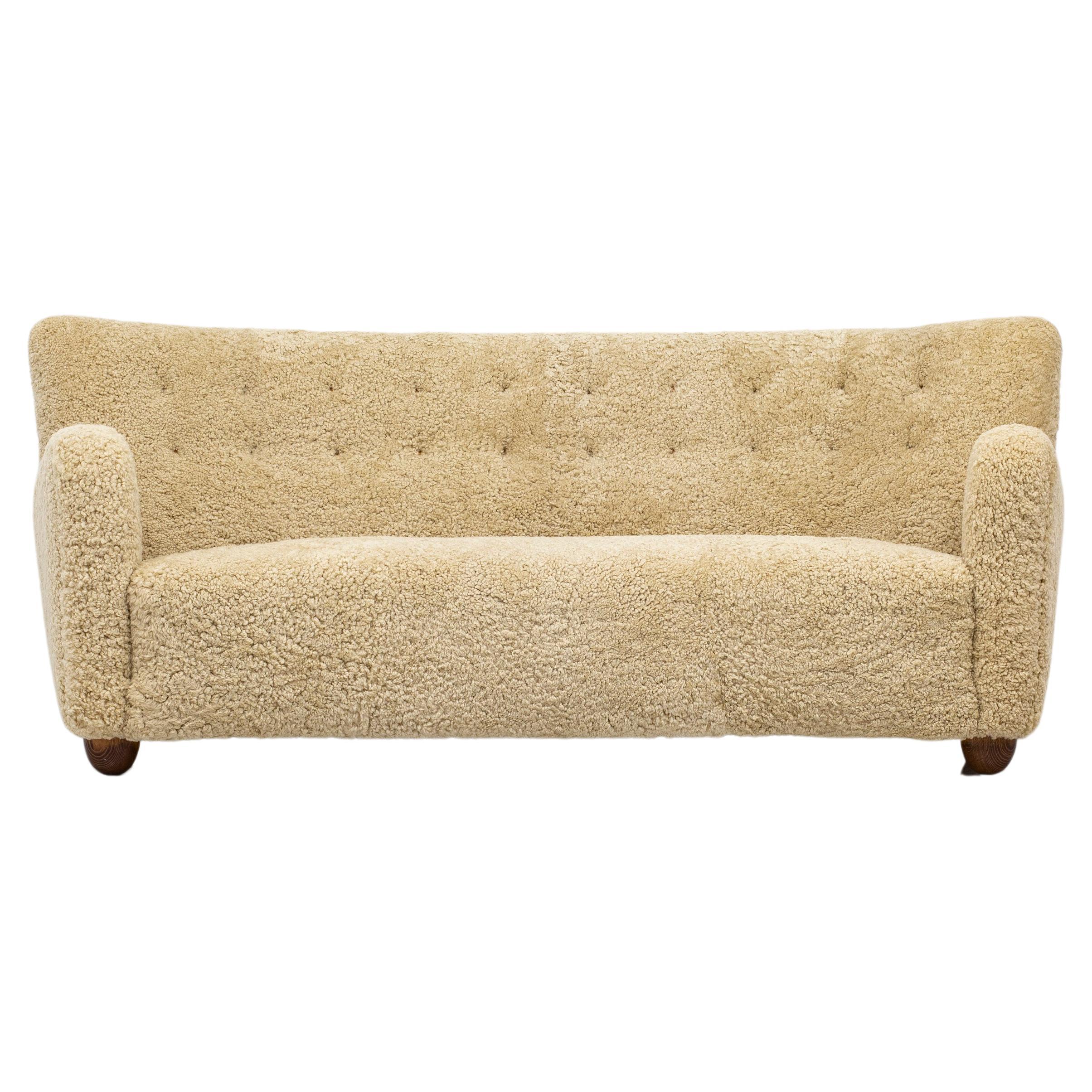 Danish Modern Sofa with Sheepskin, Attributed to Flemming Lassen, 1940s