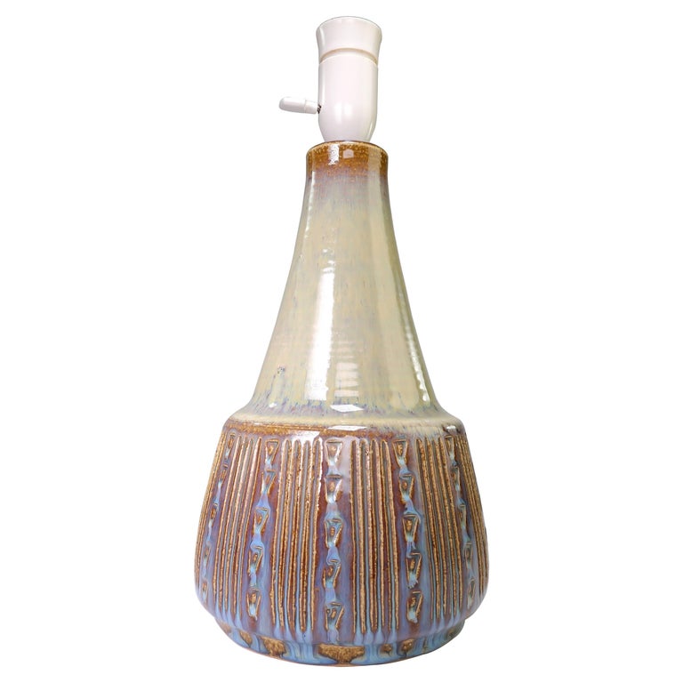 Vintage Modernist Olive Green, Blue, Brown Ceramic Table Lamp, 1960s