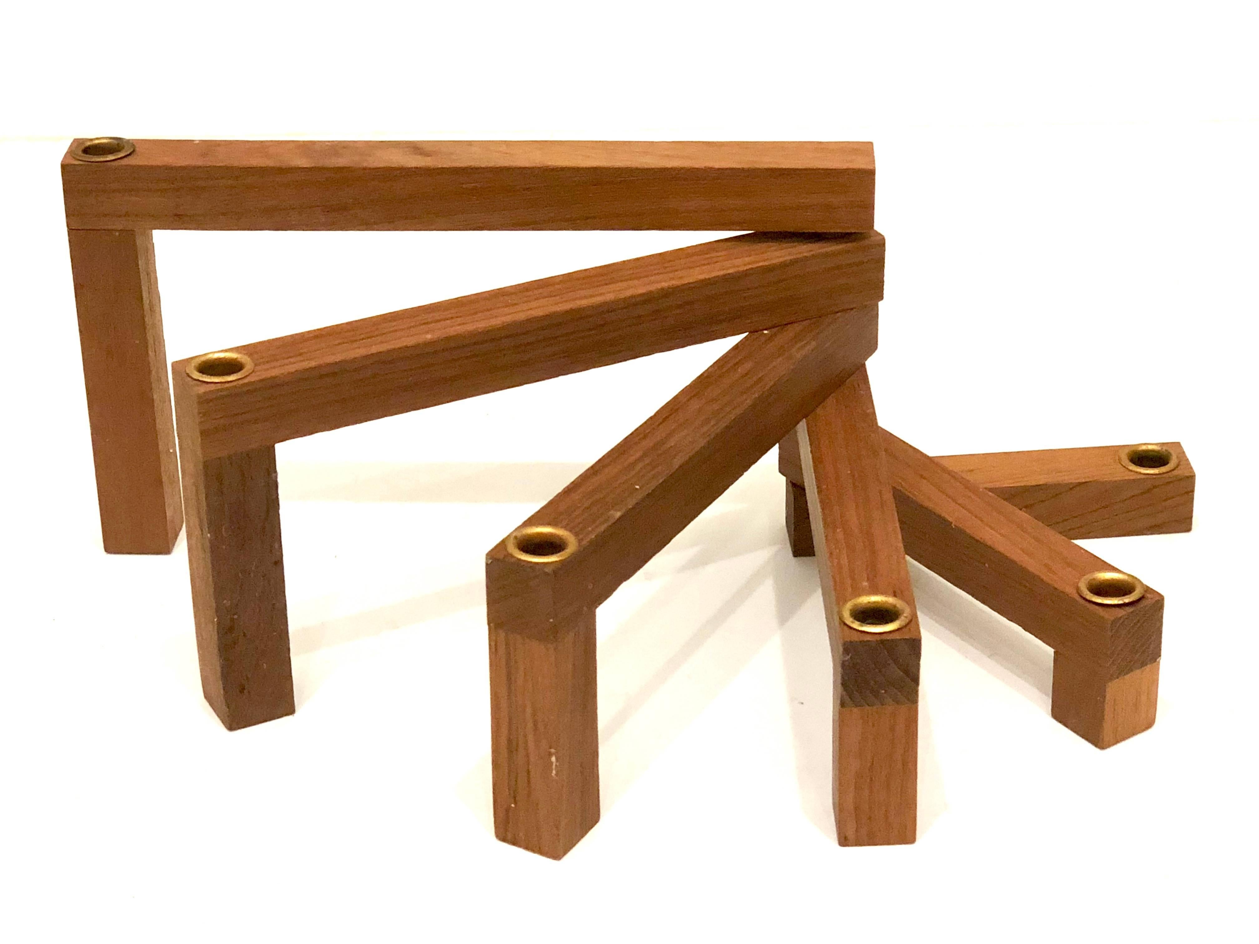 Danish Modern Solid Teak and Brass Rings Multiposition Candleholder For Sale 1