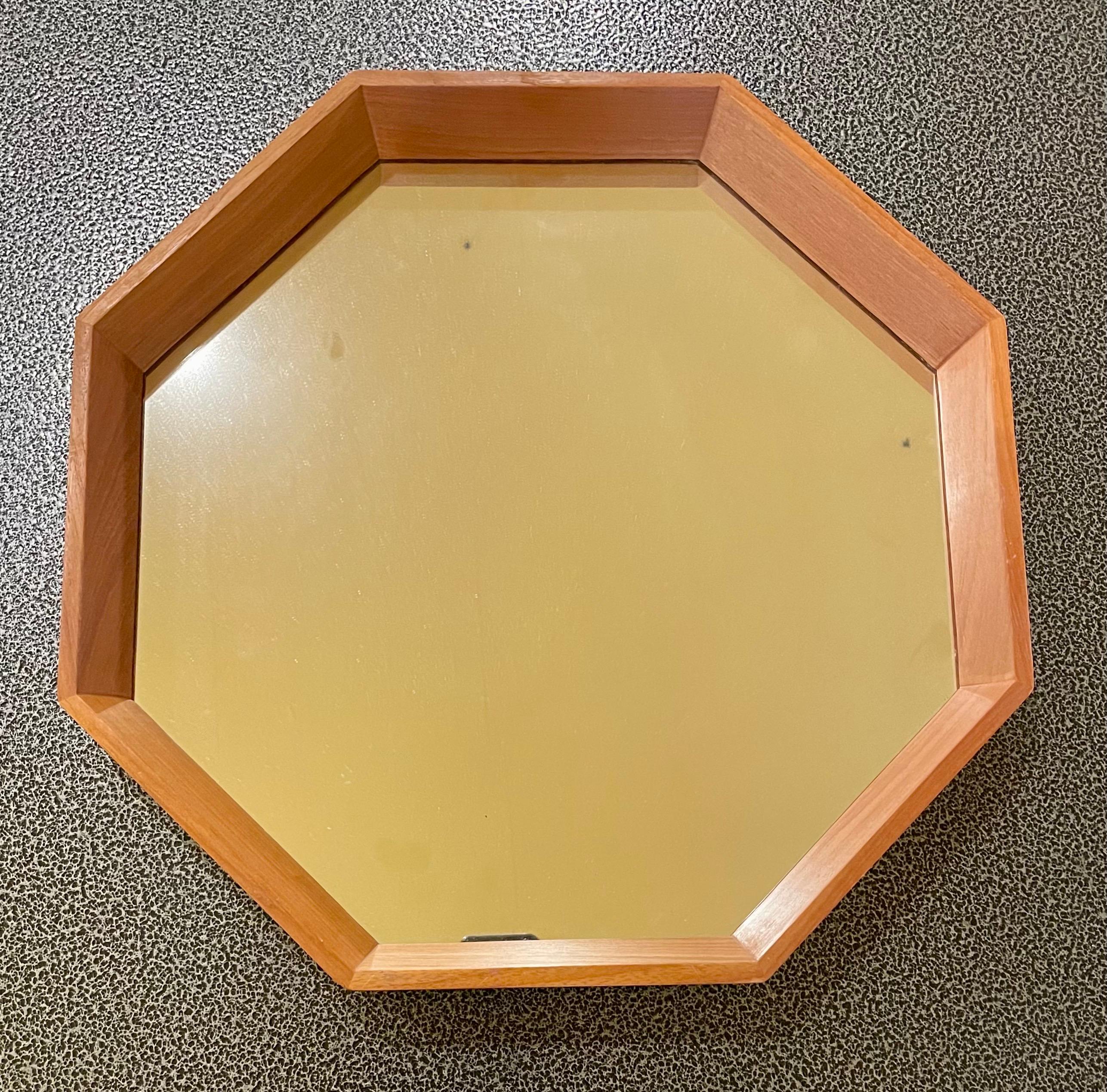 20th Century Danish Modern Solid Teak Beveled Edge Petite Octagonal Wall Mirror For Sale