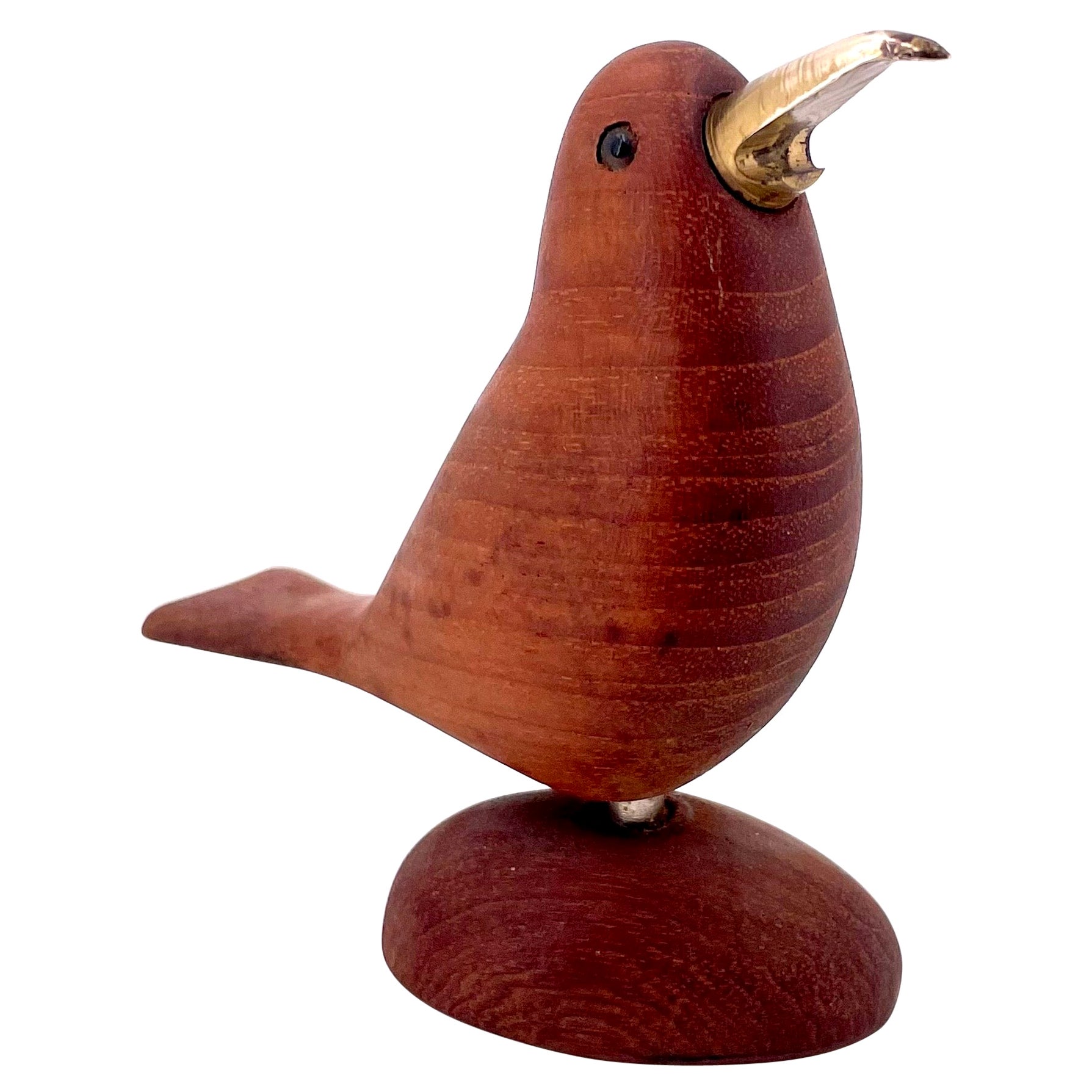 Danish Modern Solid Teak 
Brass Bird Sculpture by Lev Kari Denmark