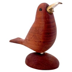 Danish Modern Solid Teak & Brass Bird Sculpture by Lev Kari Denmark