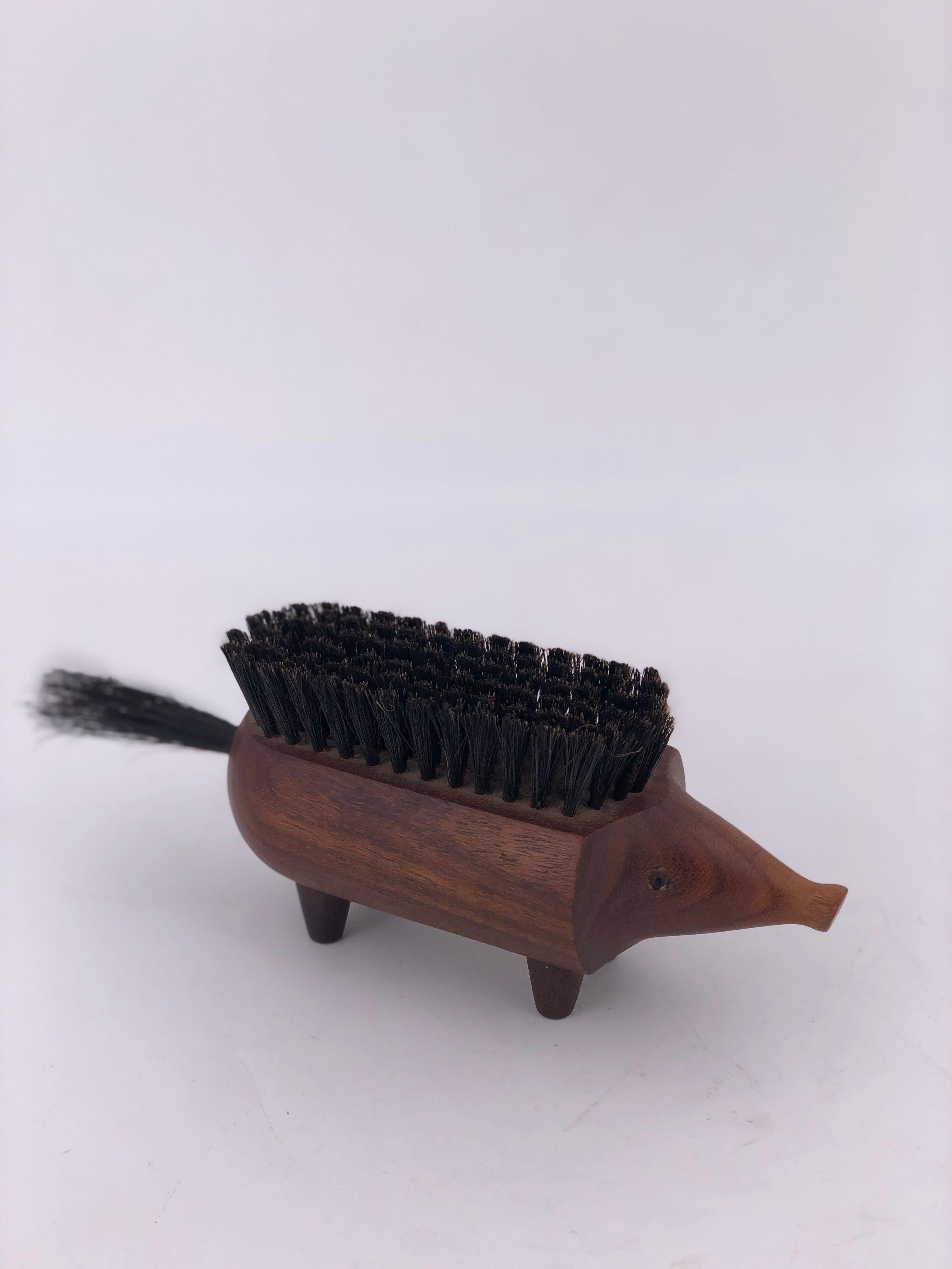 Whimsical and very rare teak carved shoe brushed in the manner of a hedgehog, circa 1950s made in Denmark a very rare and unique piece.