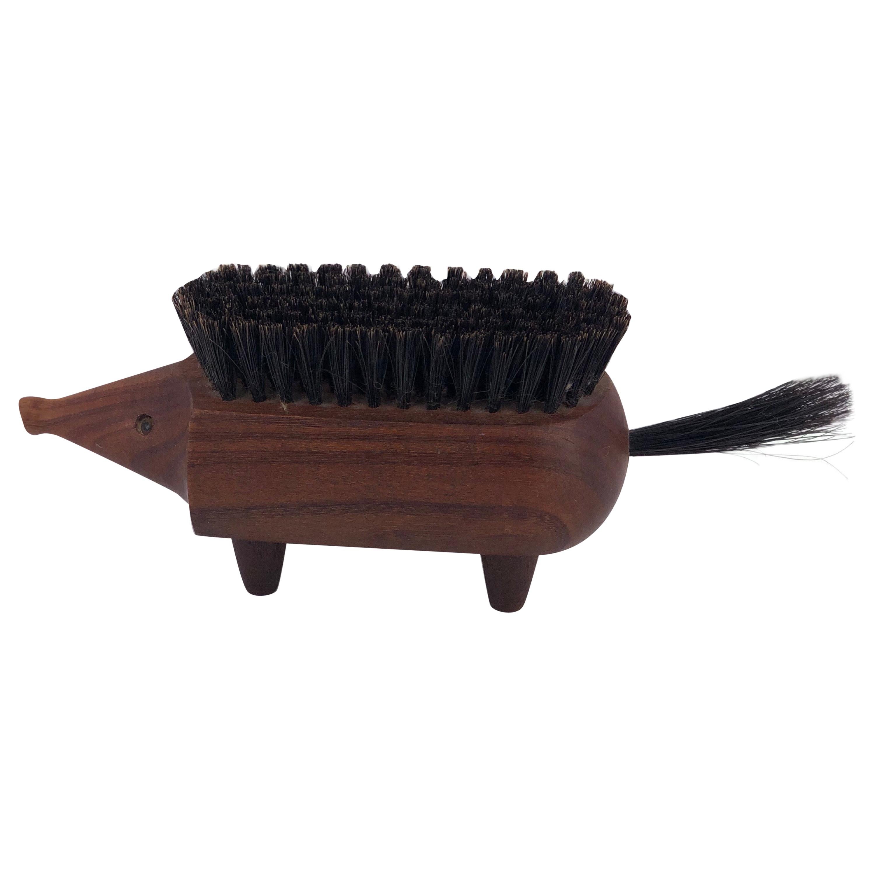 Danish Modern Solid Teak Carved Hedgehog Shoe Brush