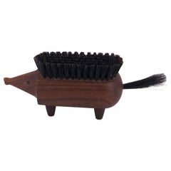 Vintage Danish Modern Solid Teak Carved Hedgehog Shoe Brush
