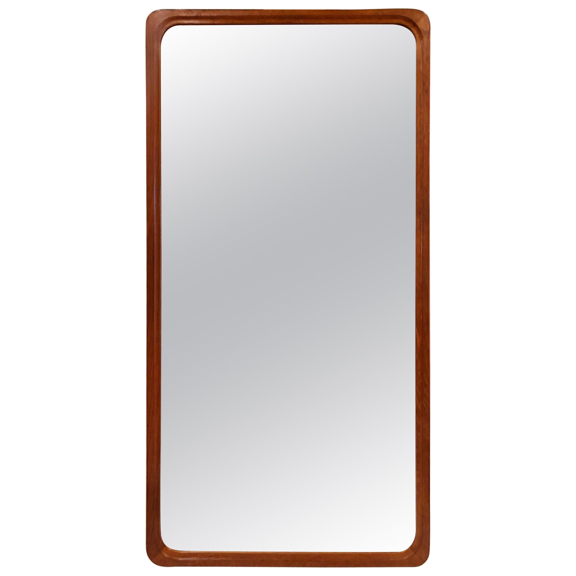 Danish Modern Solid Teak Frame Large Rectangular Mirror with Rounded Corners