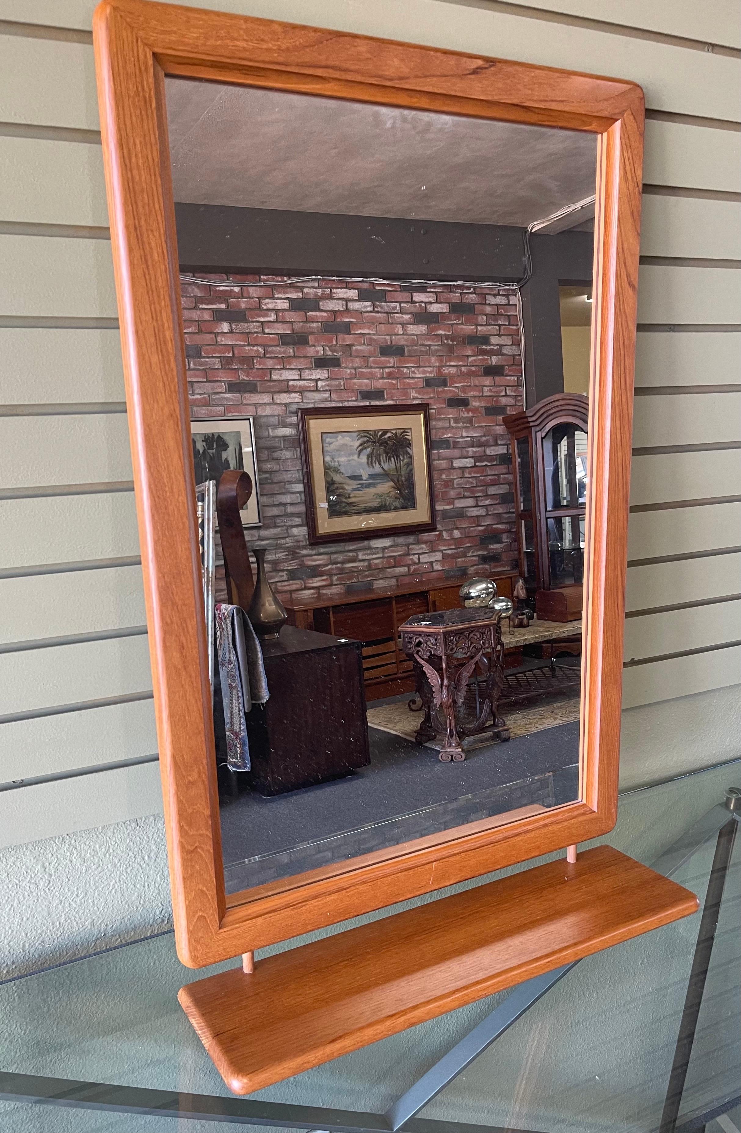 Danish Modern Solid Teak Mirror with Rounded Corners and Shelf In Good Condition For Sale In San Diego, CA
