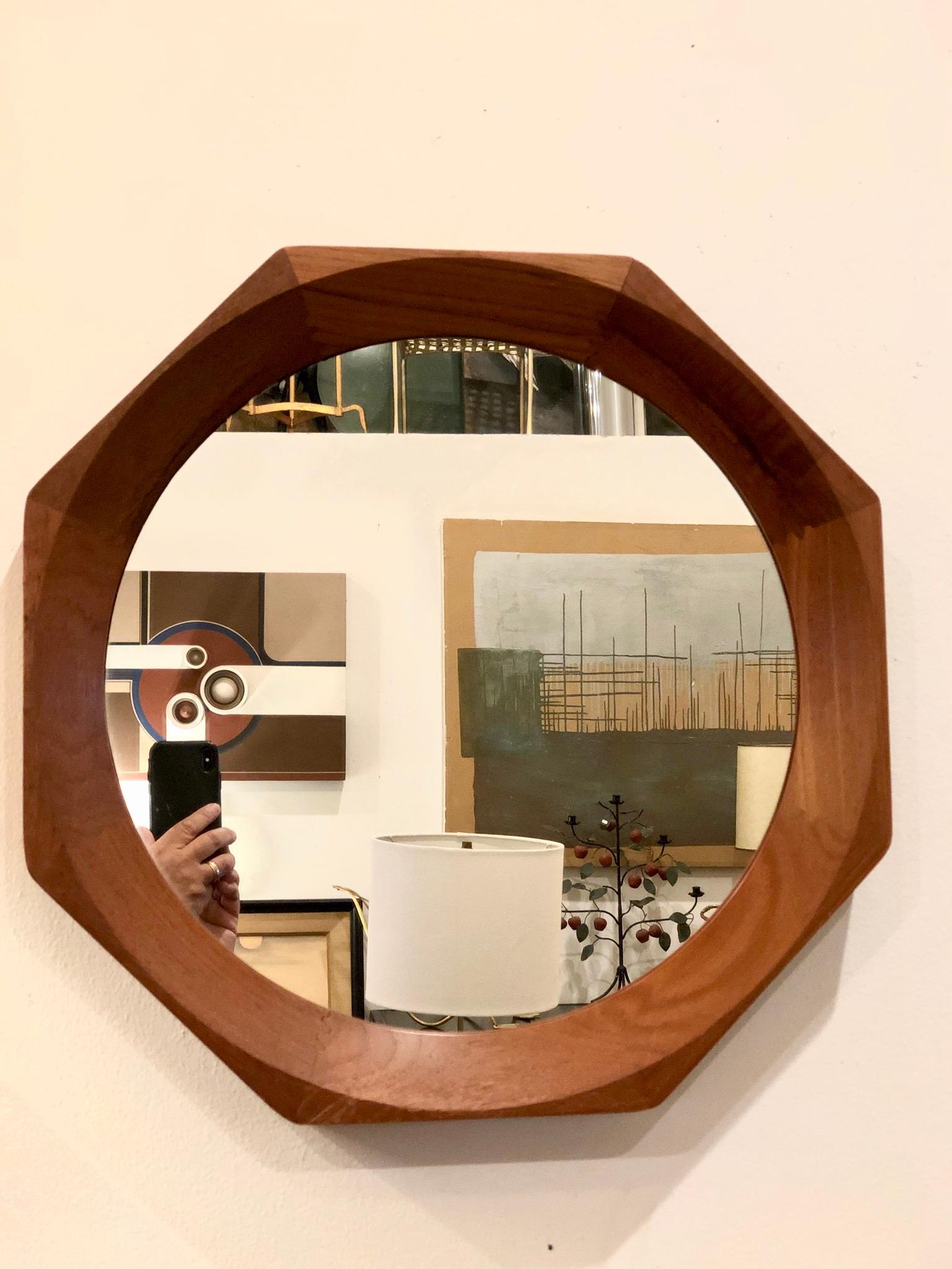 Danish Modern Solid Teak Octagon Mirror 1