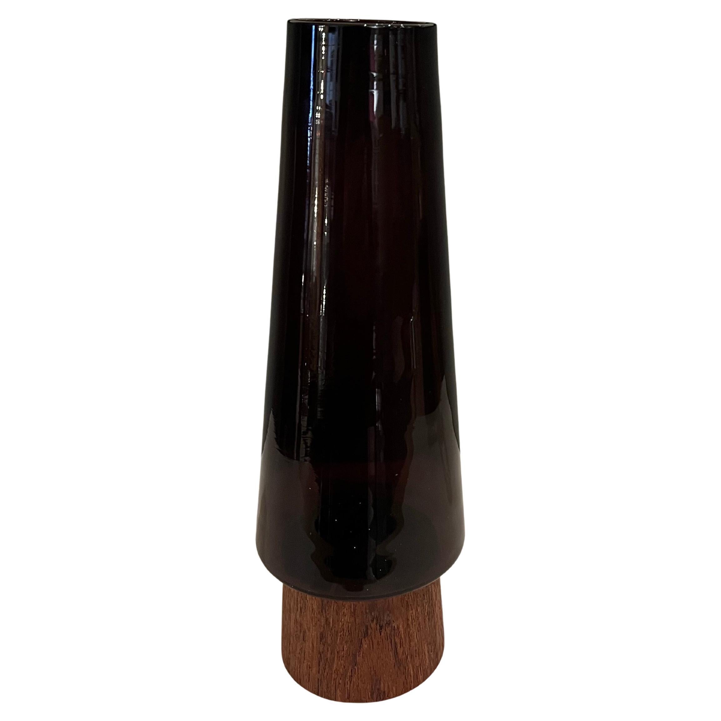 Scandinavian Modern Danish Modern Solid Teak & Purple Glass Rare Candle Holder Lamp For Sale