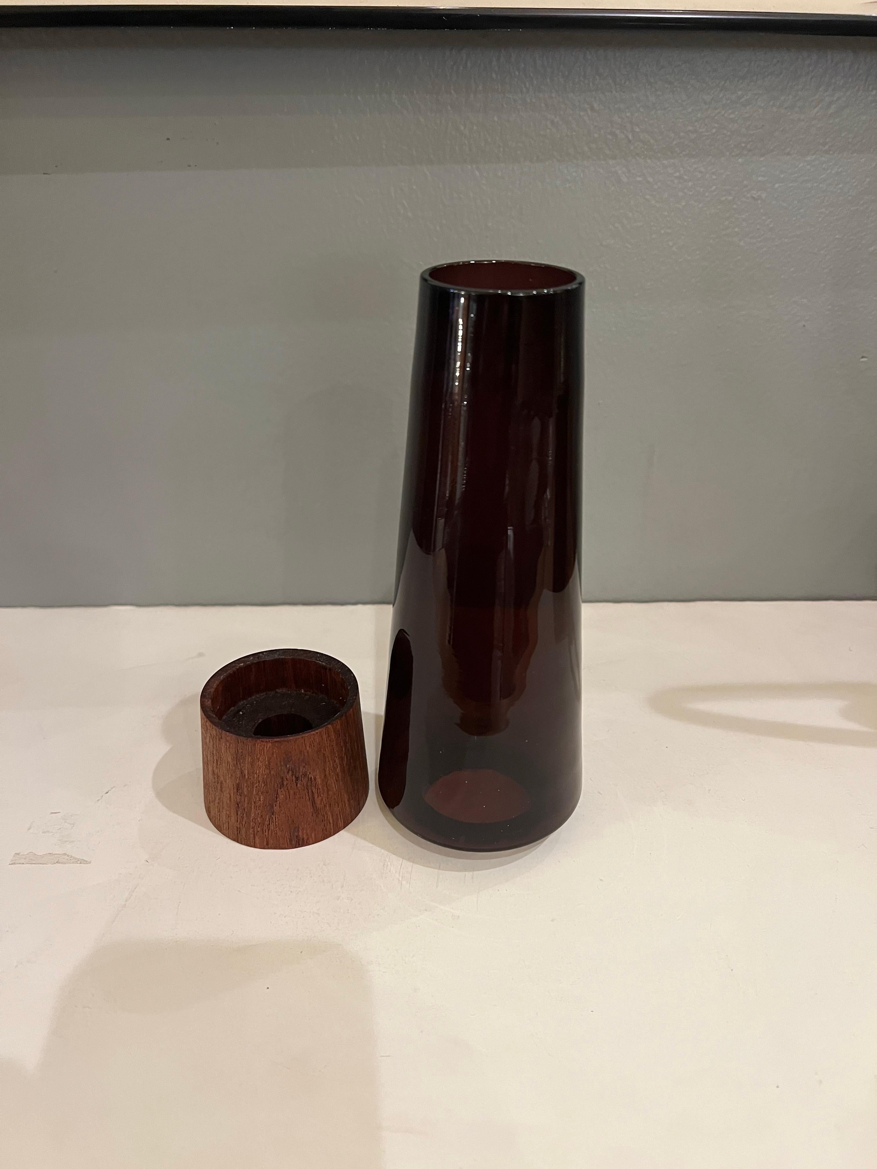 Blown Glass Danish Modern Solid Teak & Purple Glass Rare Candle Holder Lamp For Sale