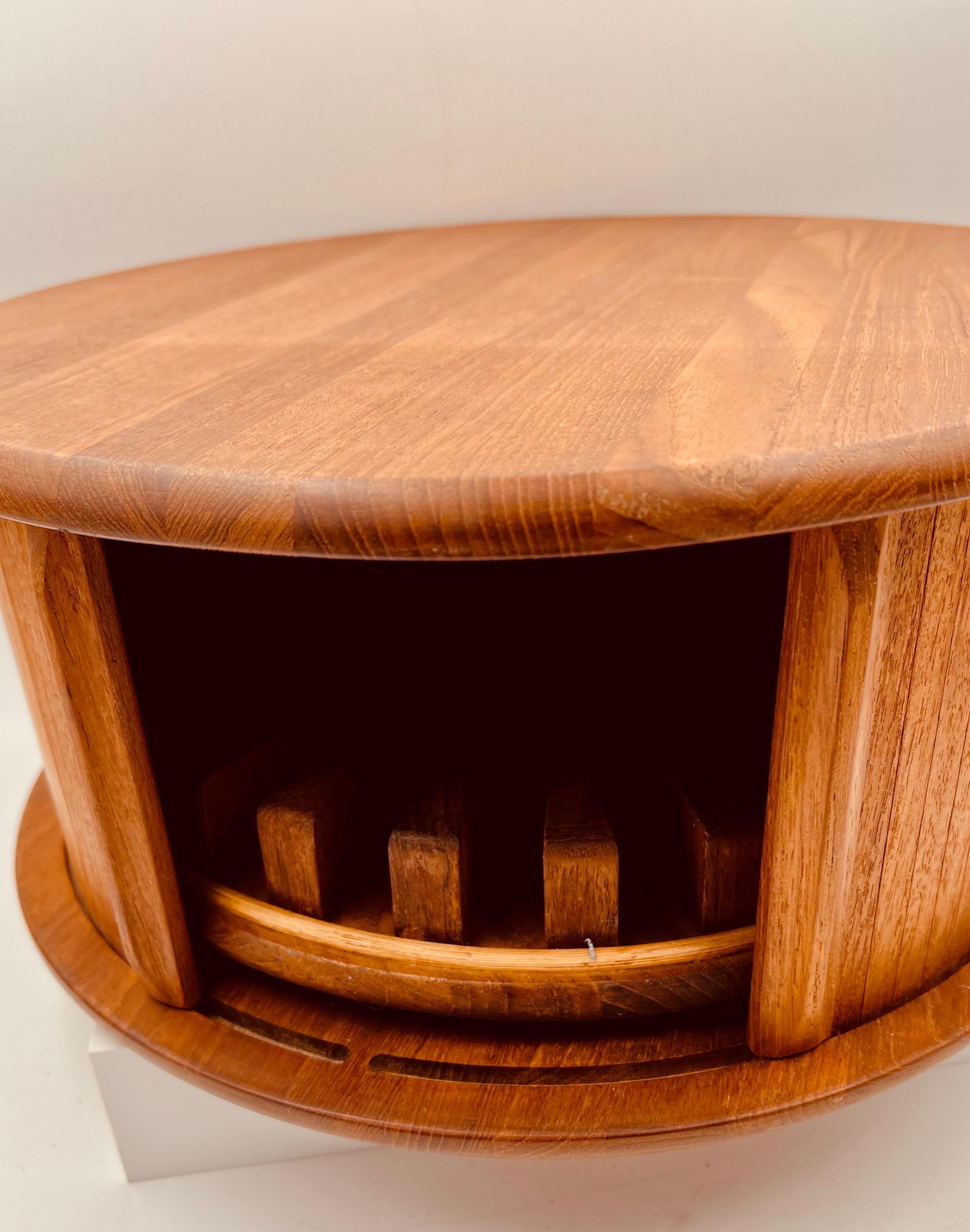 Danish Modern Solid Teak Rare Round Tambour Door Carrousel Box In Excellent Condition In San Diego, CA