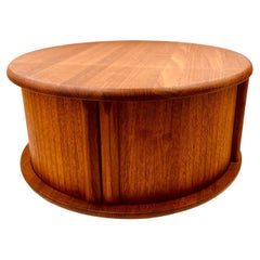 Danish Modern Solid Teak Rare Round Tambour Door Carrousel Box