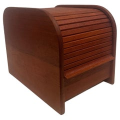 Danish Modern Solid Teak Roll Top Tambour Door Trinket Box