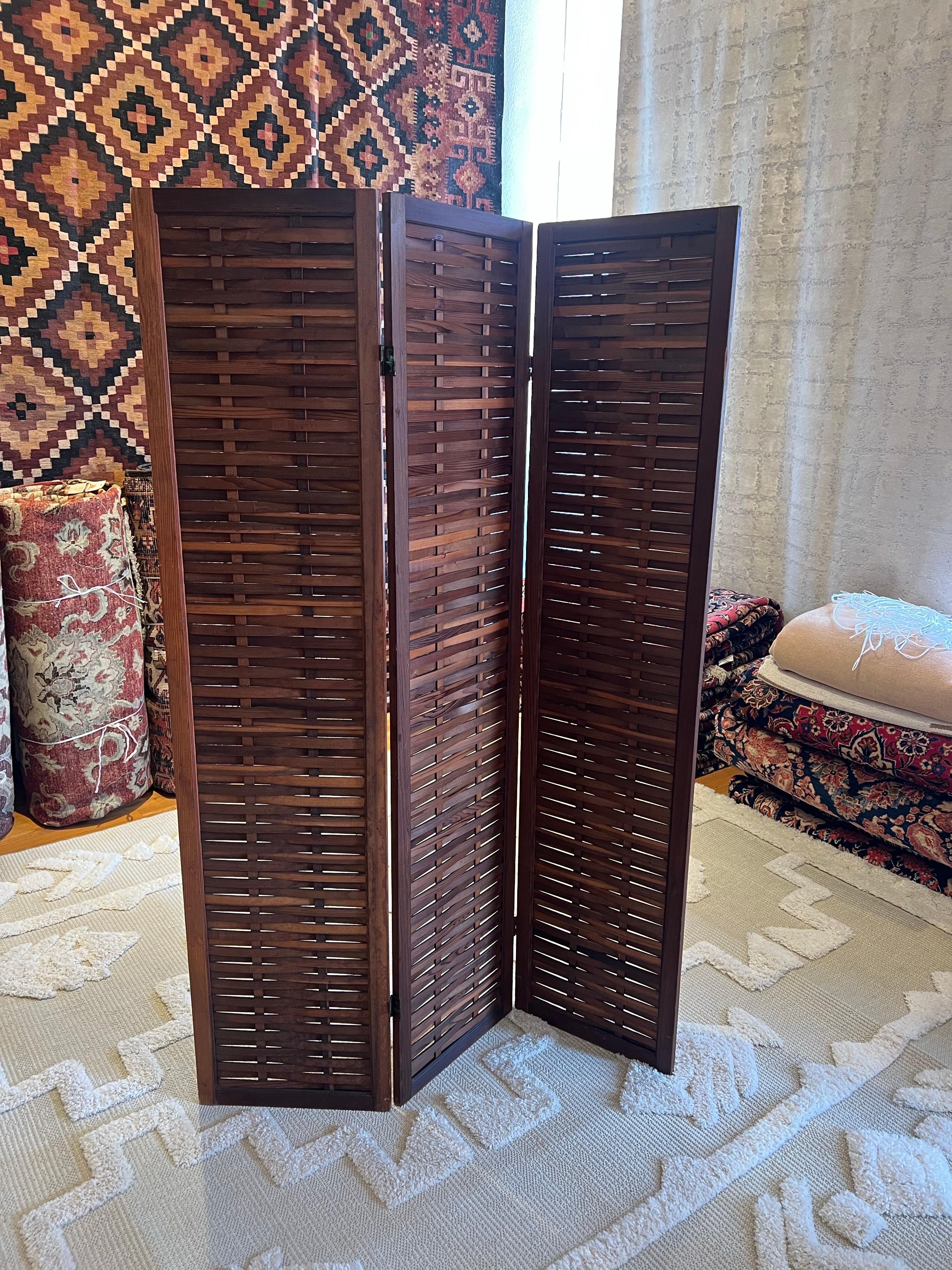 Danish Modern Solid Teak Room Divider Folding Screen 3 Panel Interwoven ...