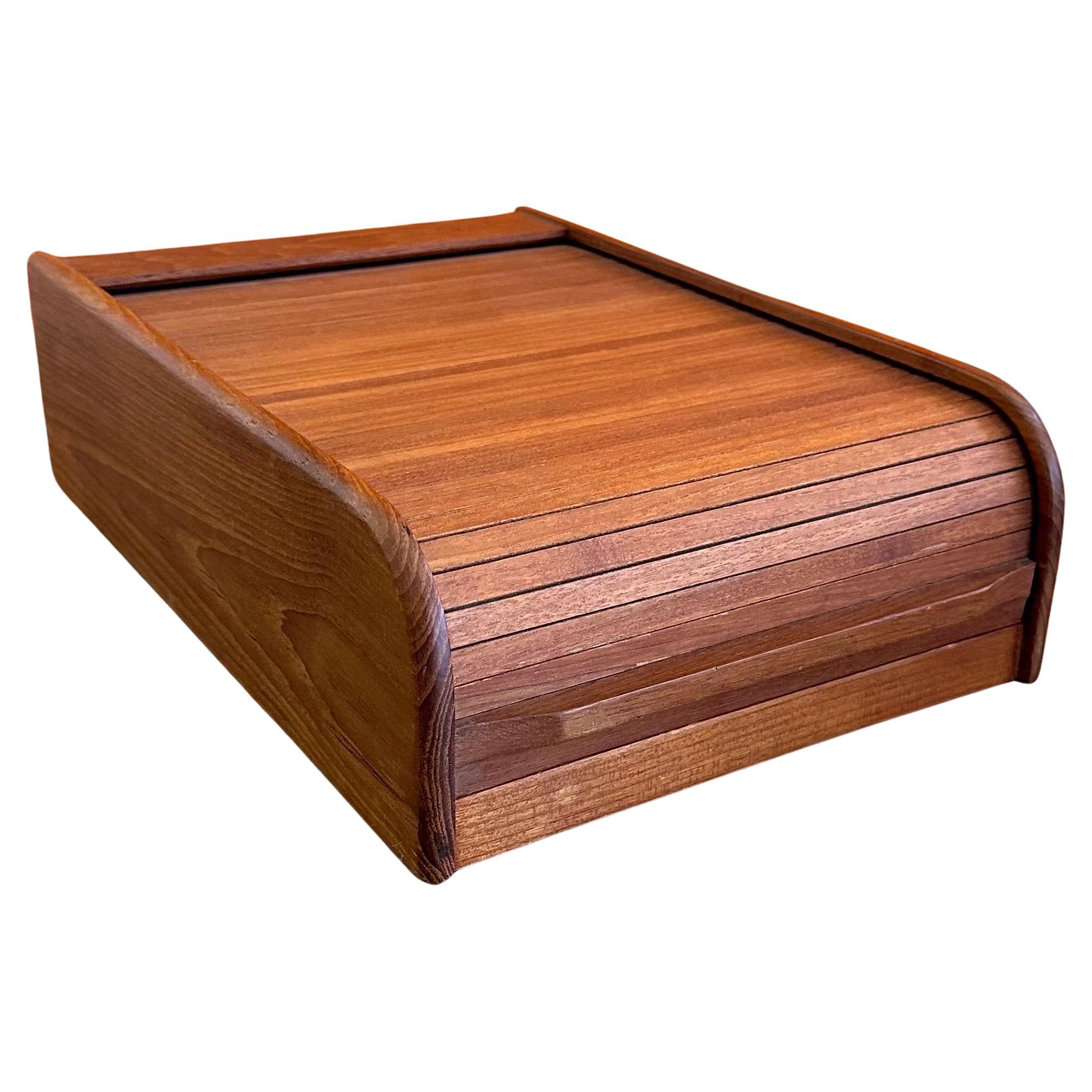 Danish Modern Solid Teak Tambour Door Trinket Desk Top Box 10
