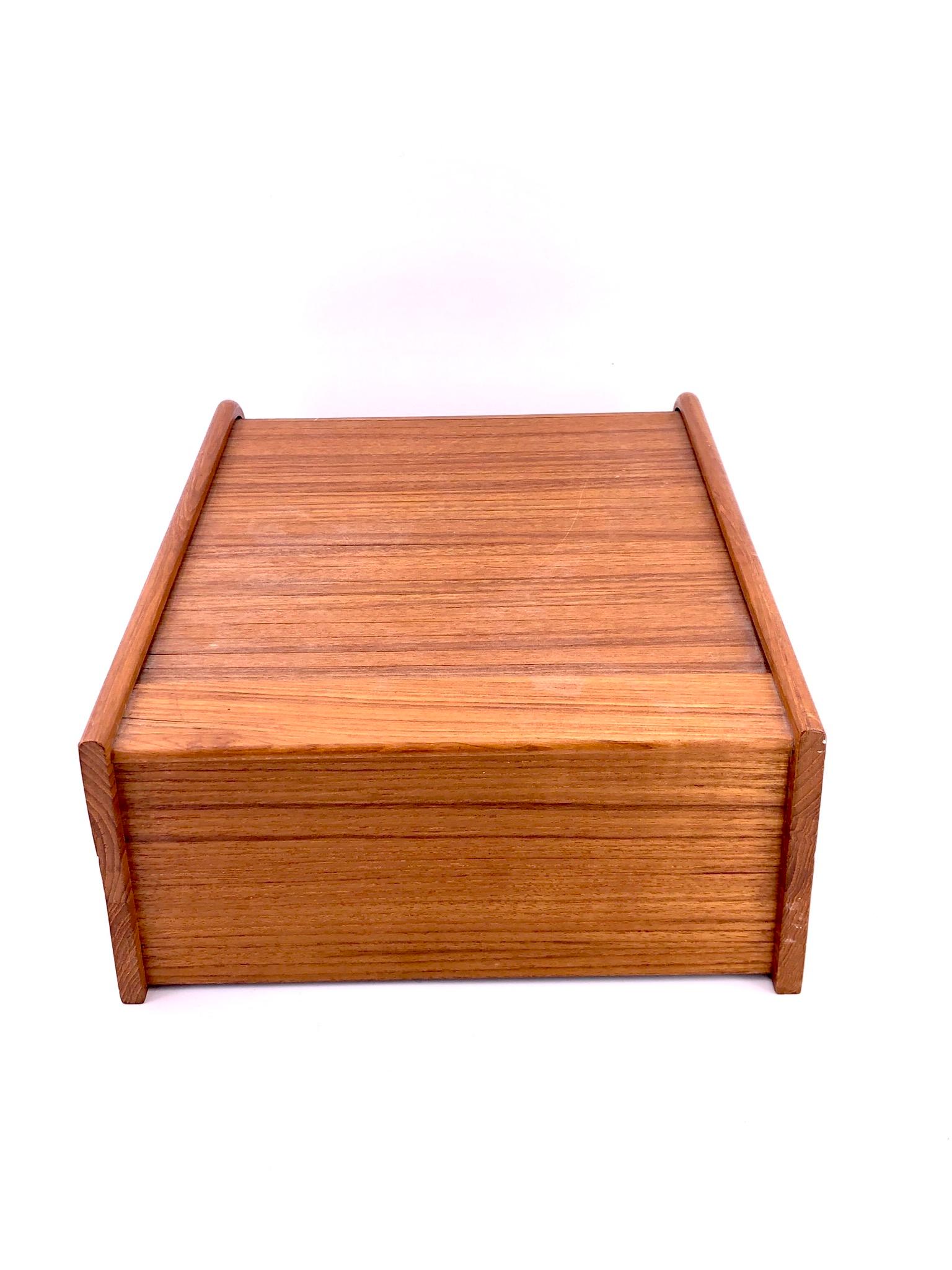 Scandinavian Modern Danish Modern Solid Teak Tambour Door Trinket Desk Top Box