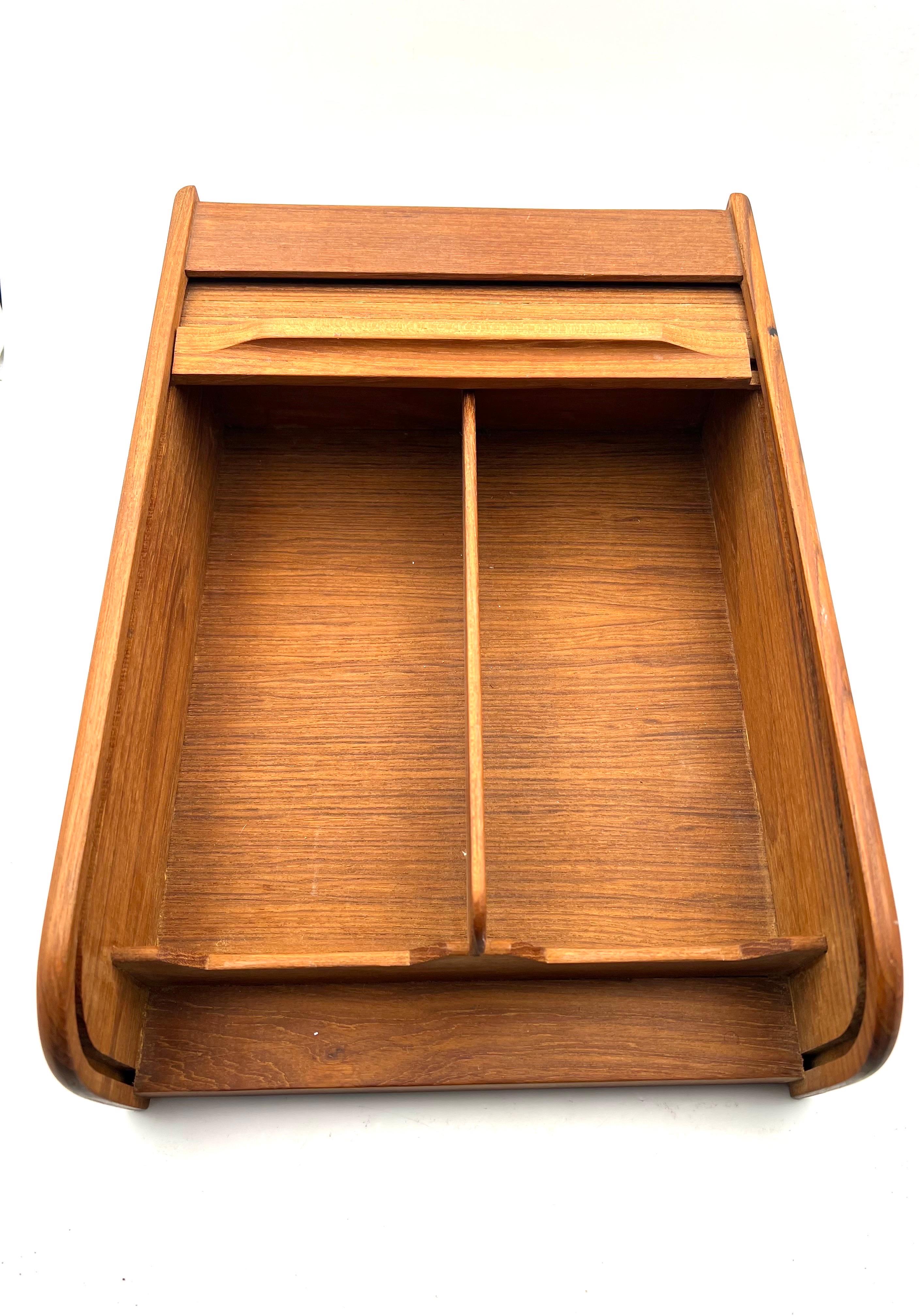 Danish Modern Solid Teak Tambour Door Trinket Desk Top Box In Excellent Condition In San Diego, CA