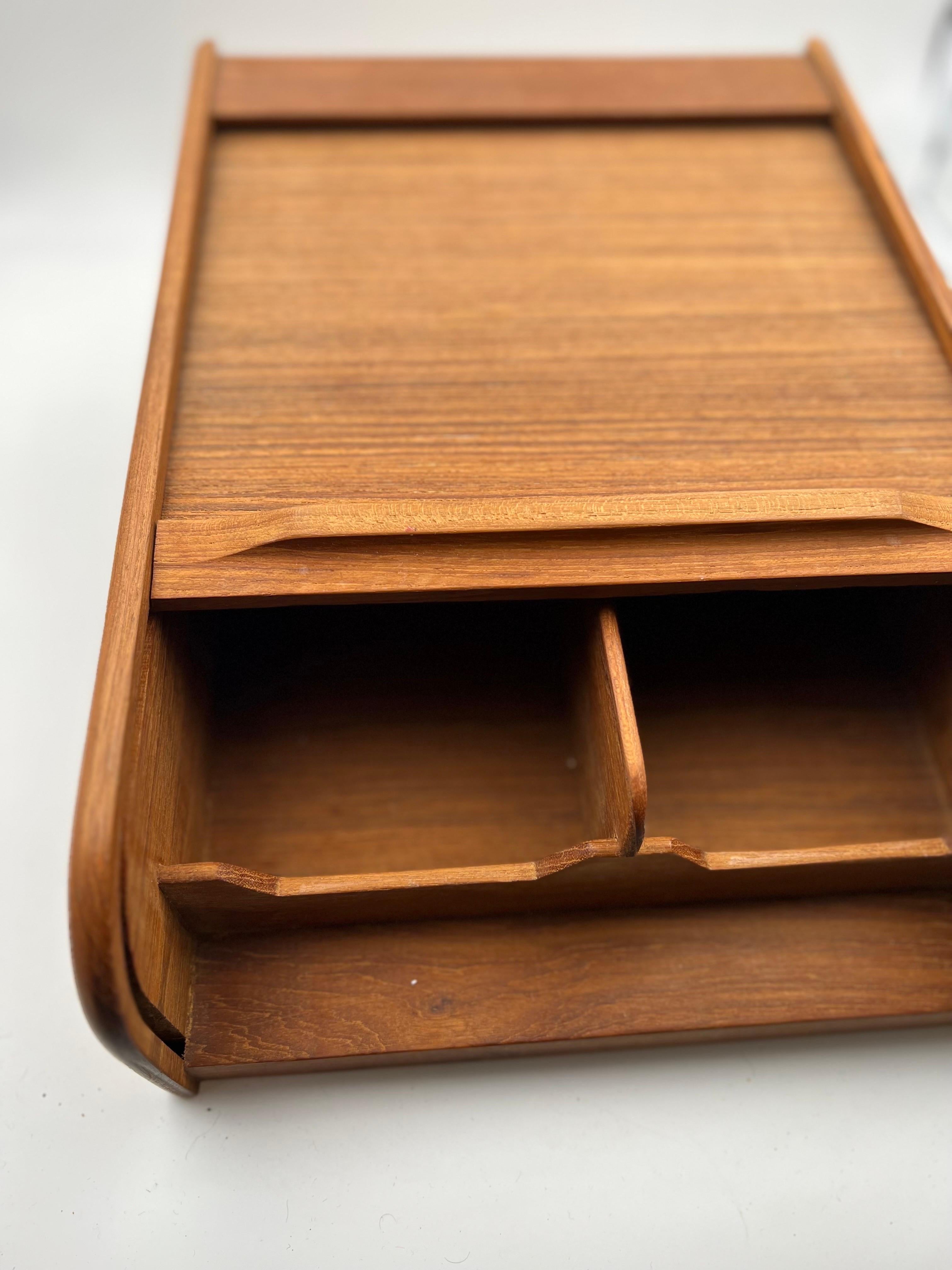 20th Century Danish Modern Solid Teak Tambour Door Trinket Desk Top Box