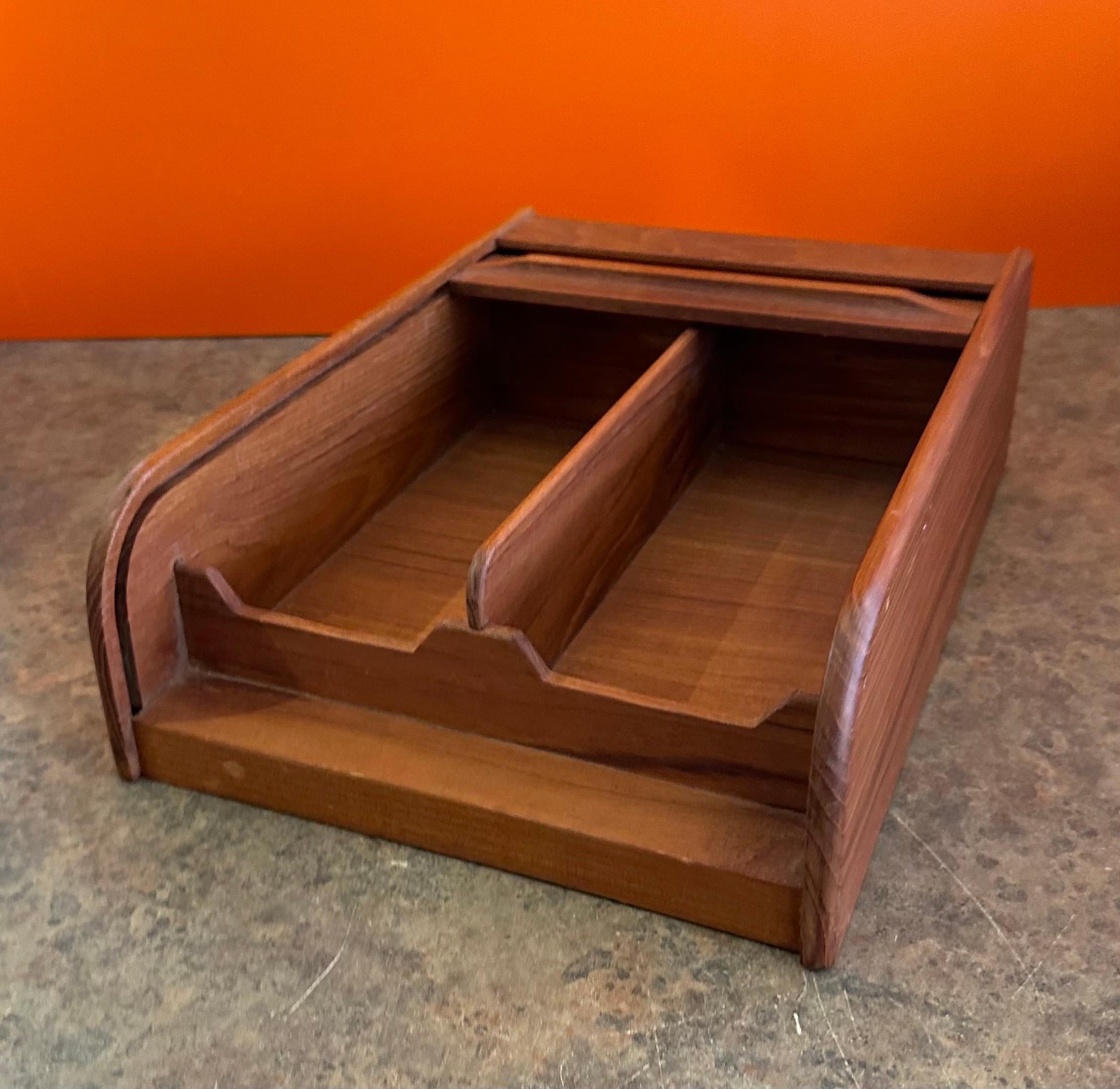 Danish Modern Solid Teak Tambour Door Trinket Desk Top Box 3