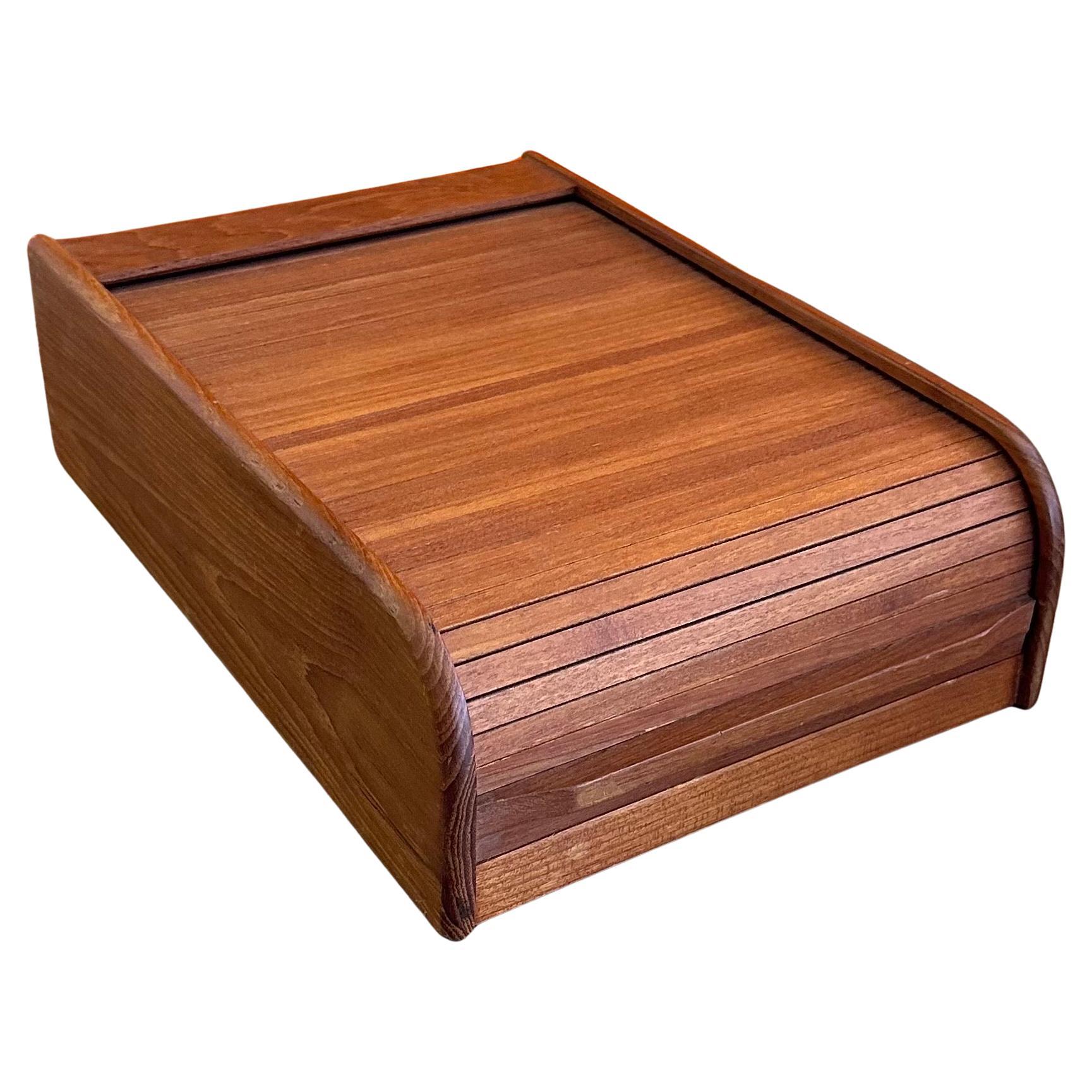 Danish Modern Solid Teak Tambour Door Trinket Desk Top Box