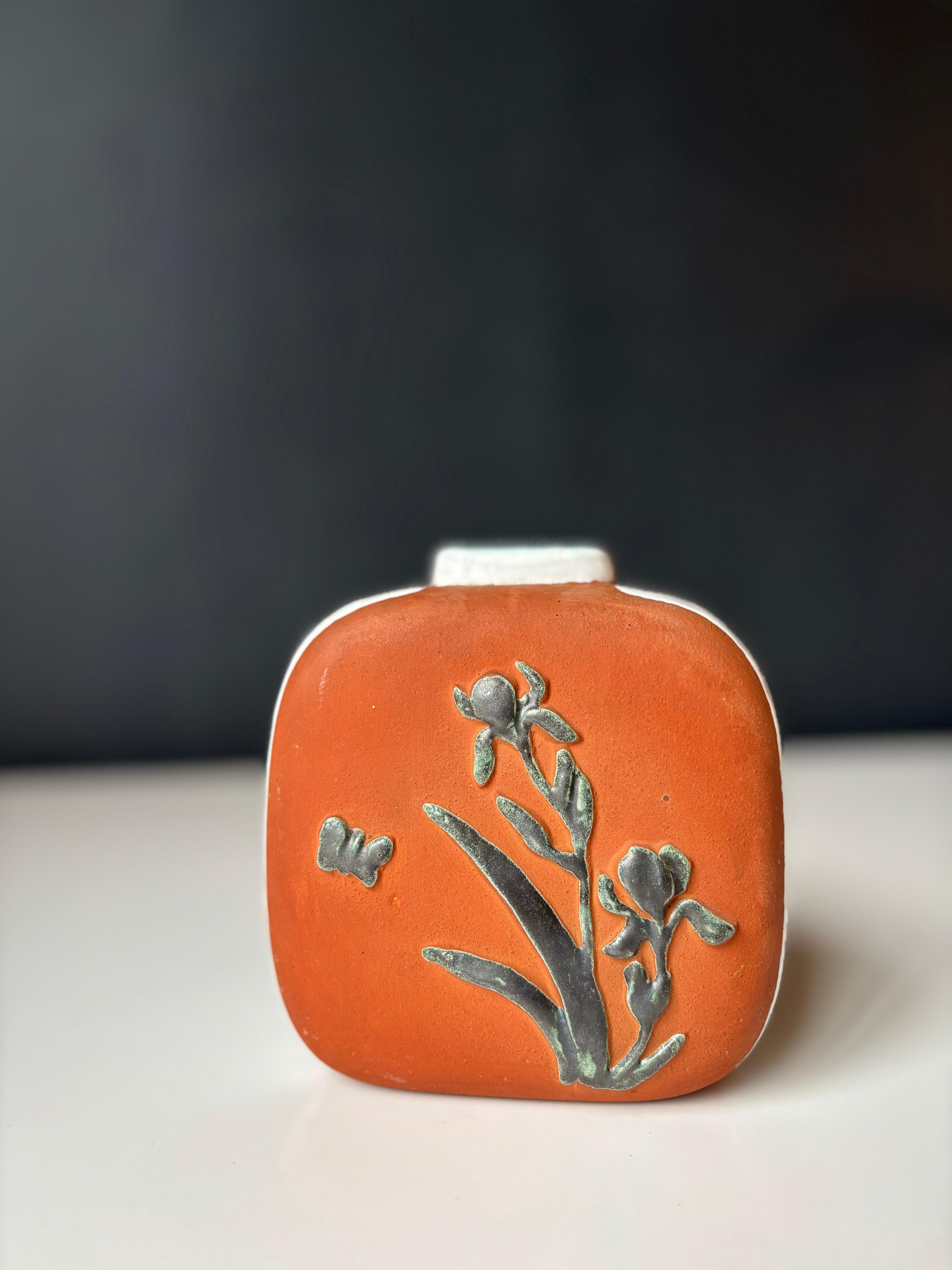 Scandinavian Modern Danish Modern Sorgenfri Floral Decor White Striped Ceramic Vase, 1950s For Sale