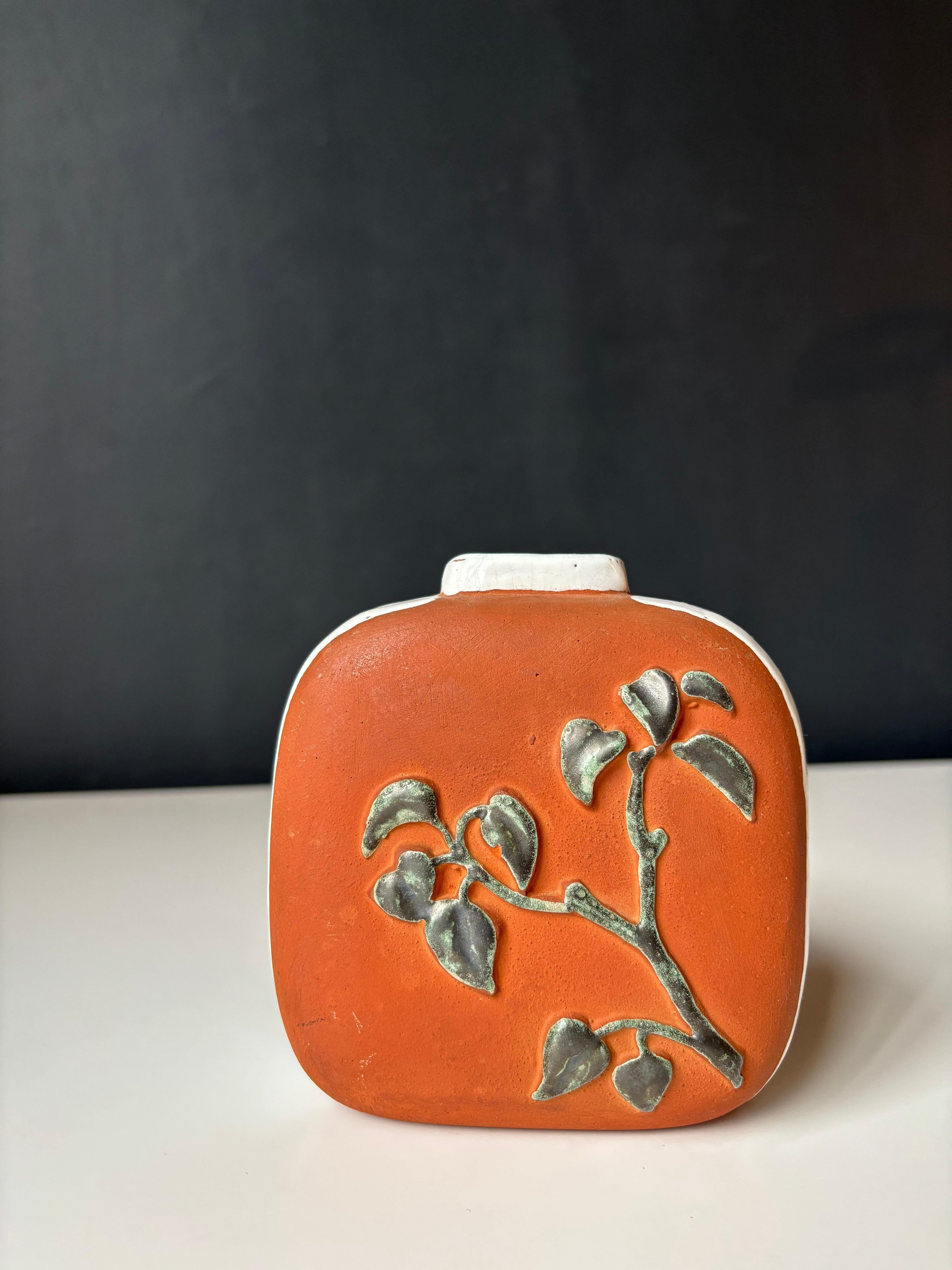 Unglazed Danish Modern Sorgenfri Floral Decor White Striped Ceramic Vase, 1950s For Sale