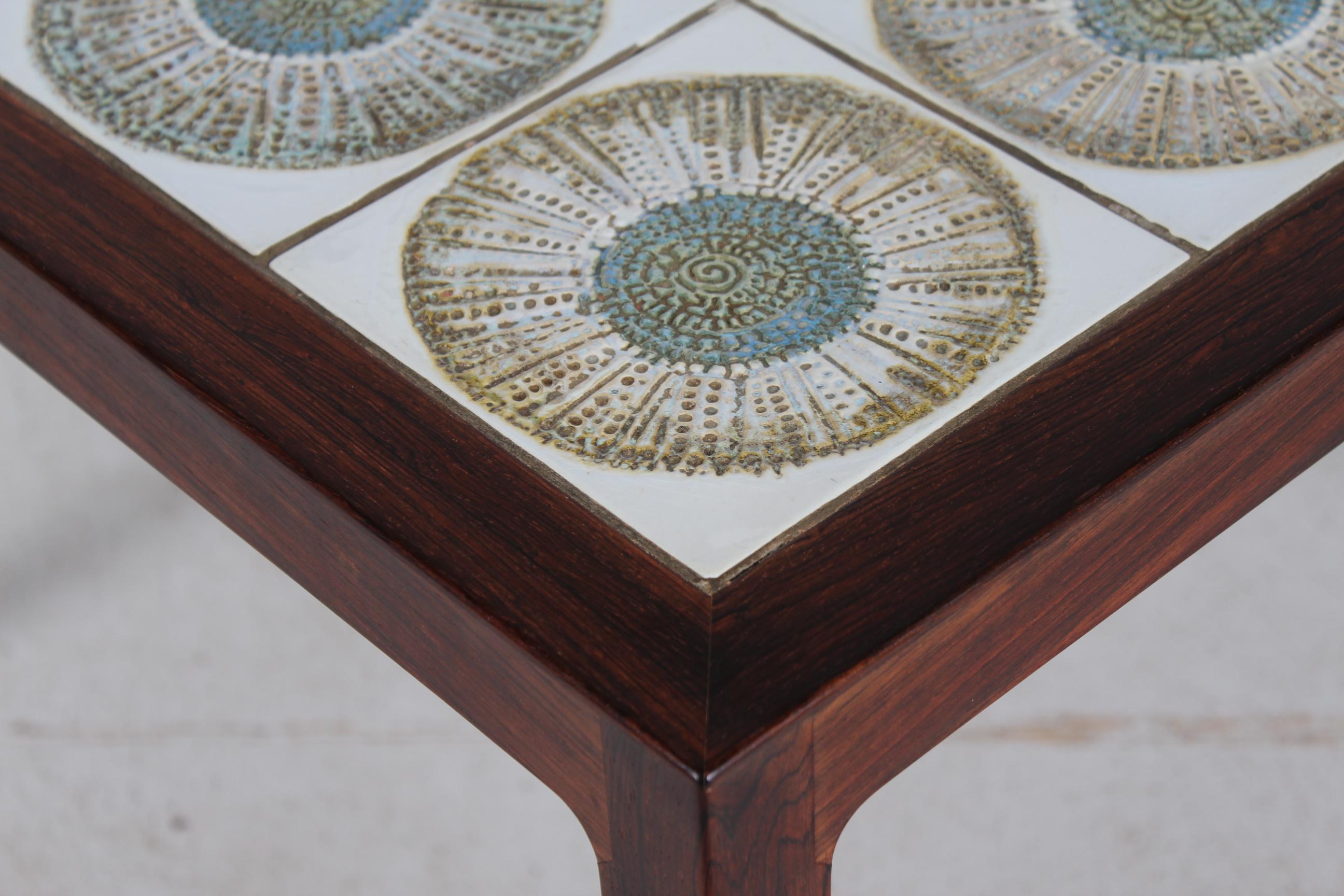 Scandinavian Modern Danish Modern Square Coffee Table Dark Wood with Royal Copenhagen Tiles, 1960s For Sale