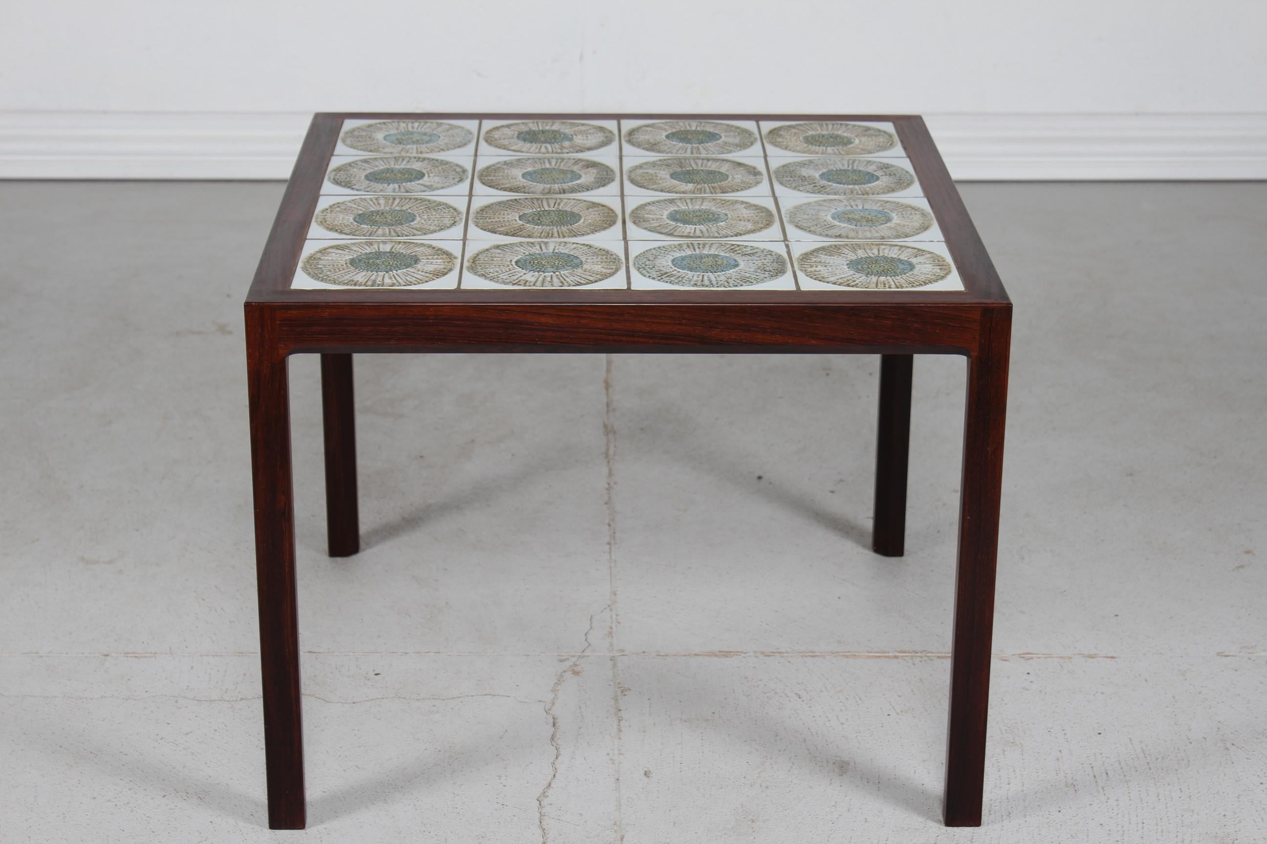 Ceramic Danish Modern Square Coffee Table Dark Wood with Royal Copenhagen Tiles, 1960s For Sale