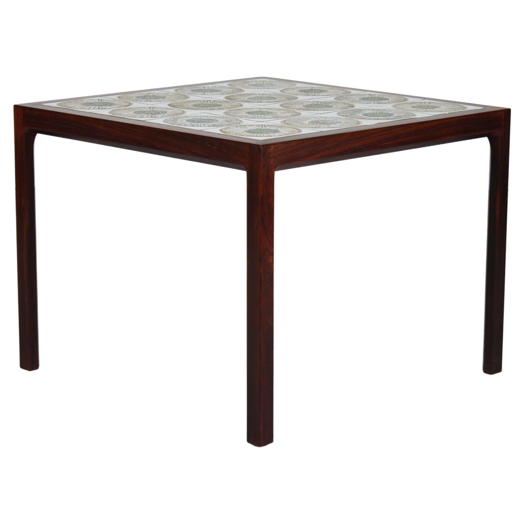 Danish Modern Square Coffee Table Dark Wood with Royal Copenhagen Tiles, 1960s