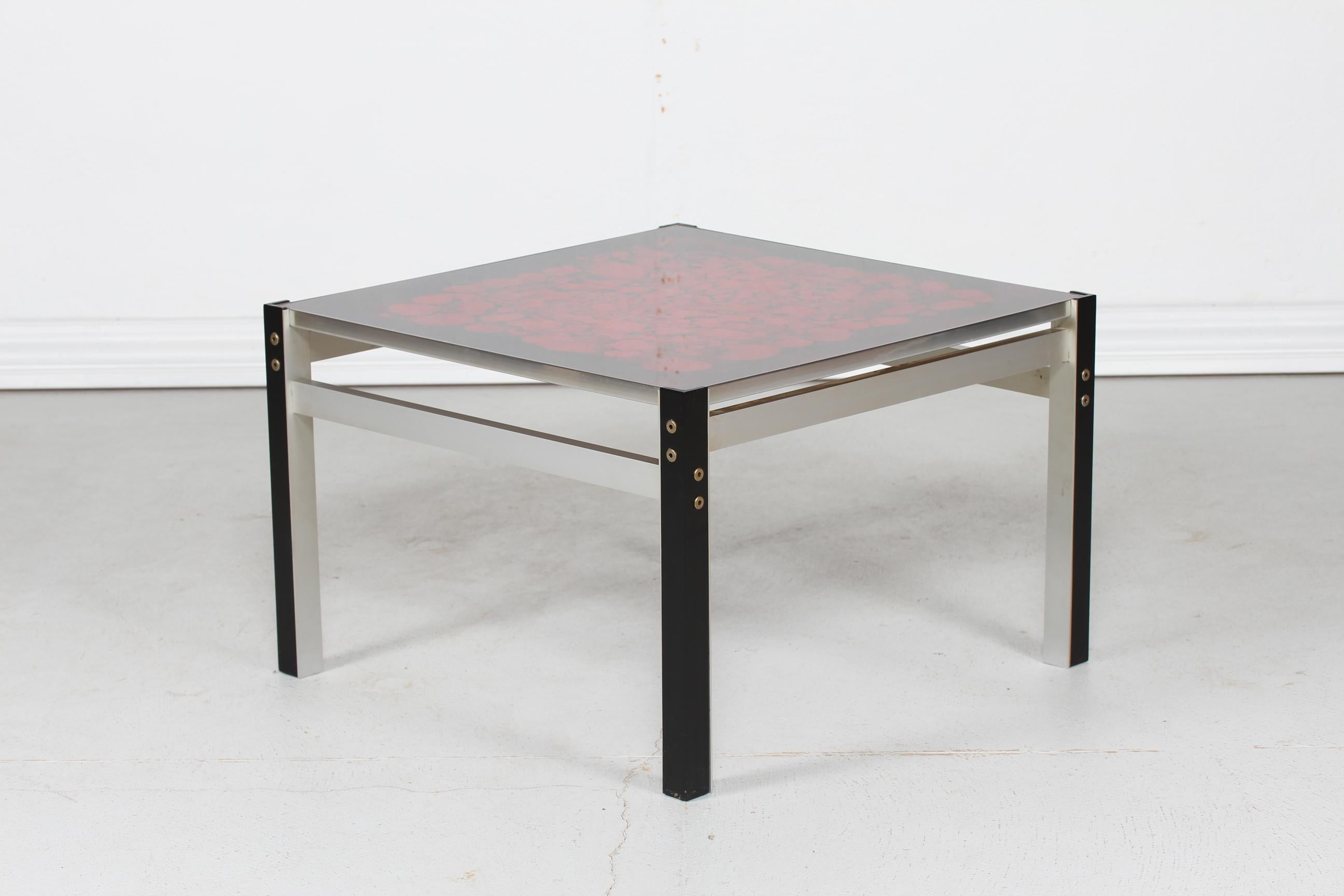 Mid-Century Modern Danish Modern Square Glass Table with Red Decoration and Aluminium Frame, 1970s